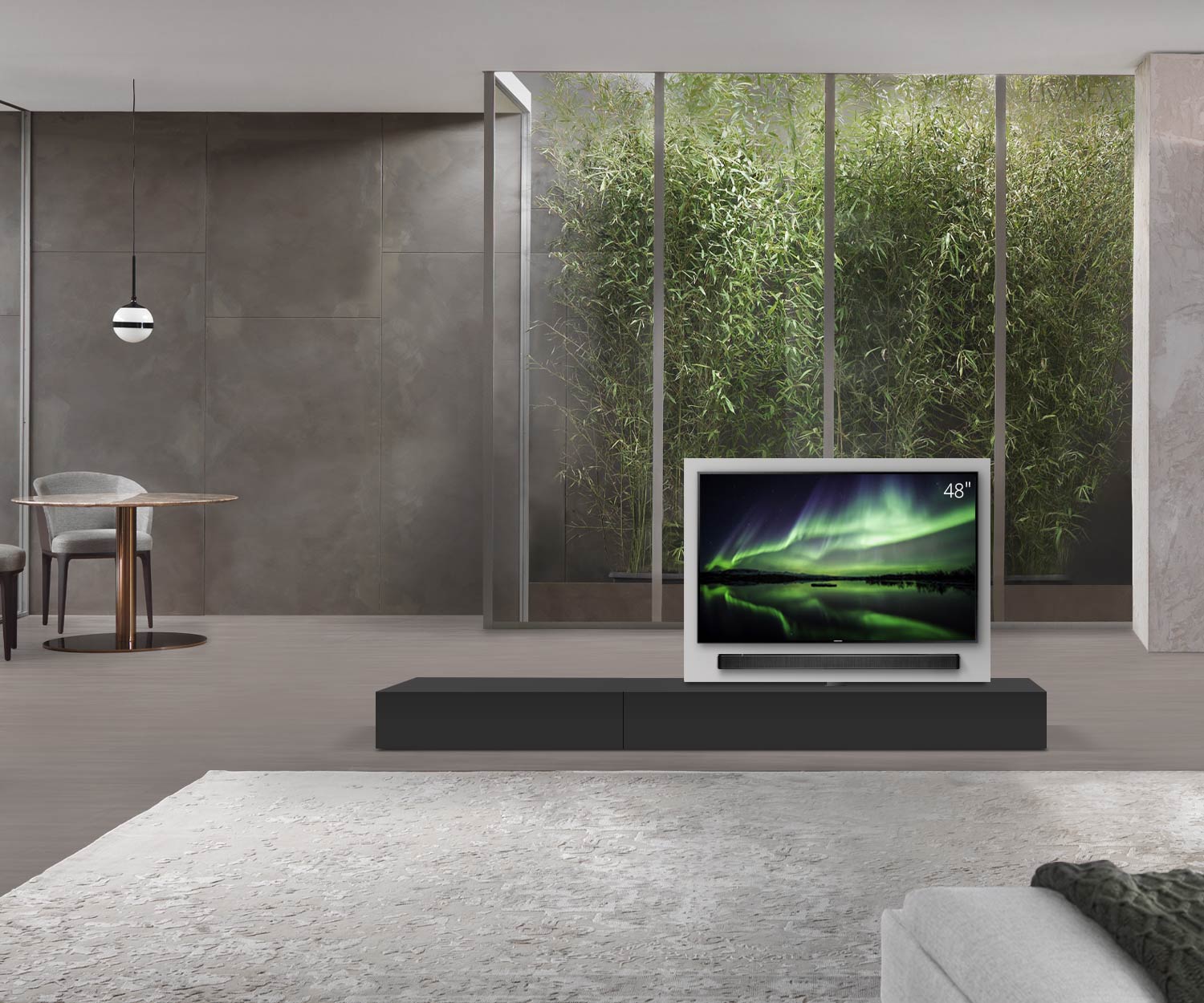 Livitalia Roto design lowboard ruimteverdeler met draaibaar TV-paneel B150 50 H25 D56 NeroM B90li oBox