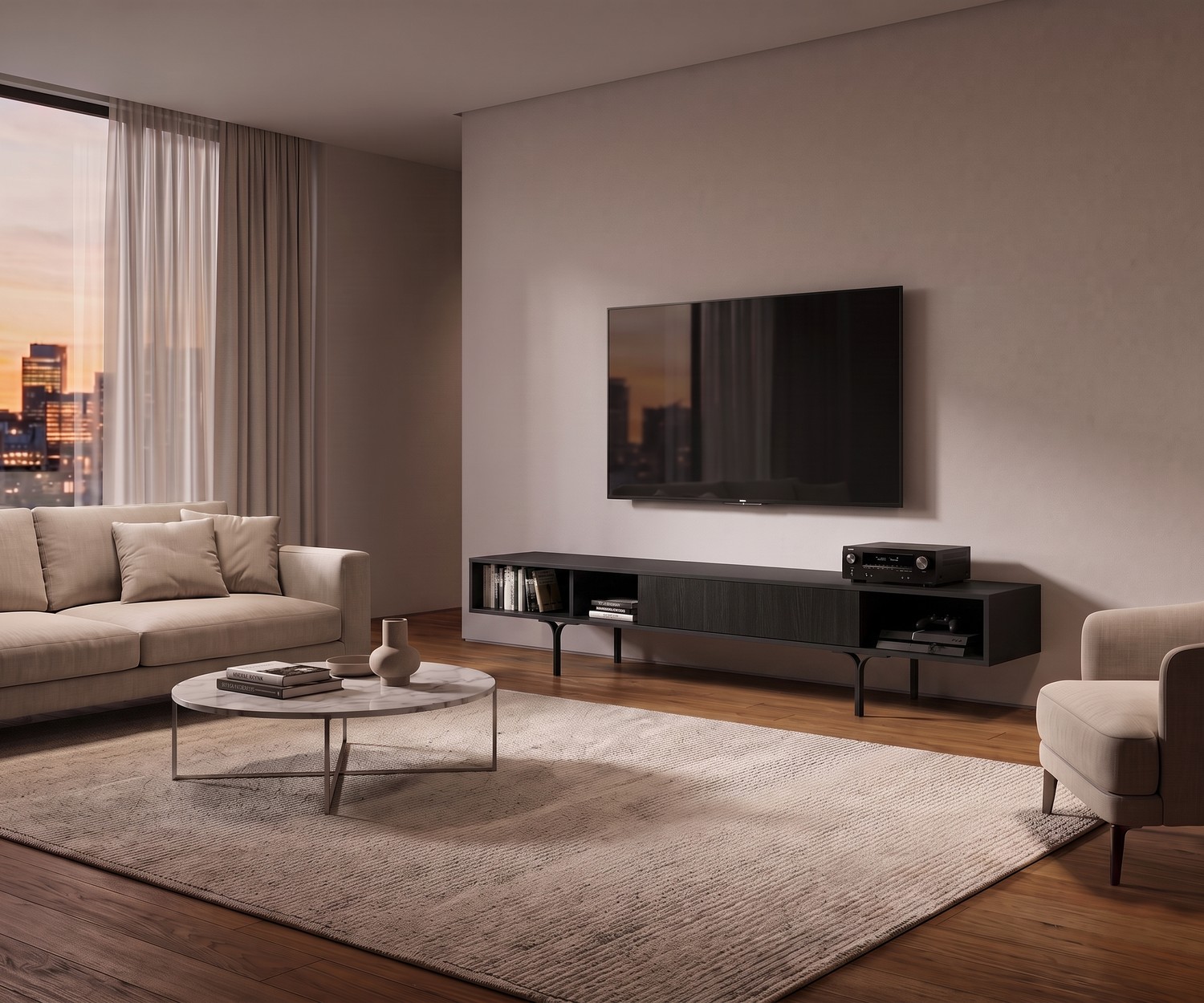 al2 Mobius 005 design TV-lowboard met eucalyptus lade al2 Mobius 005 TV-lowboard in een moderne woonkamer, donkerhouten tv-meubel met elegante poten en open vakken.