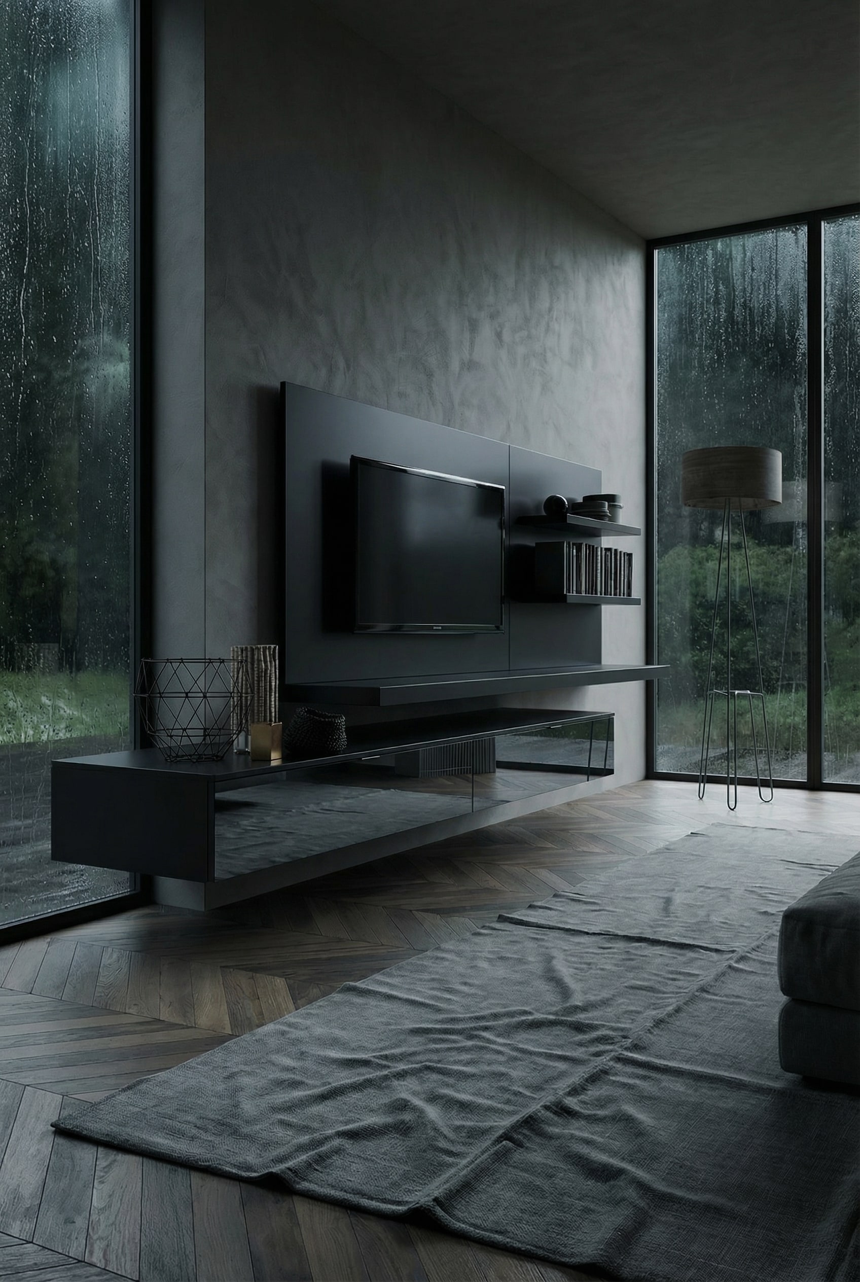 Donkere, monochrome woonwand met glasdetails