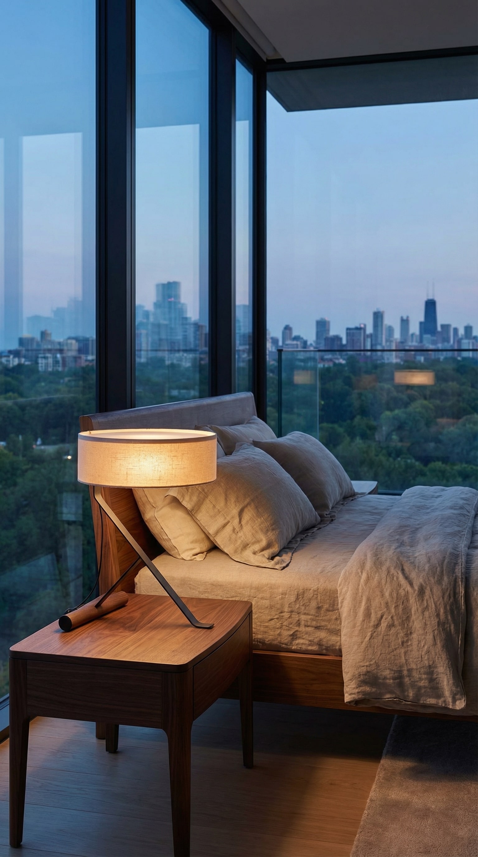 Punt Chicago Leuchte op een stijlvol nachtkastje naast een knus bed. Punt Chicago Leuchte op een stijlvol nachtkastje naast een knus bed.