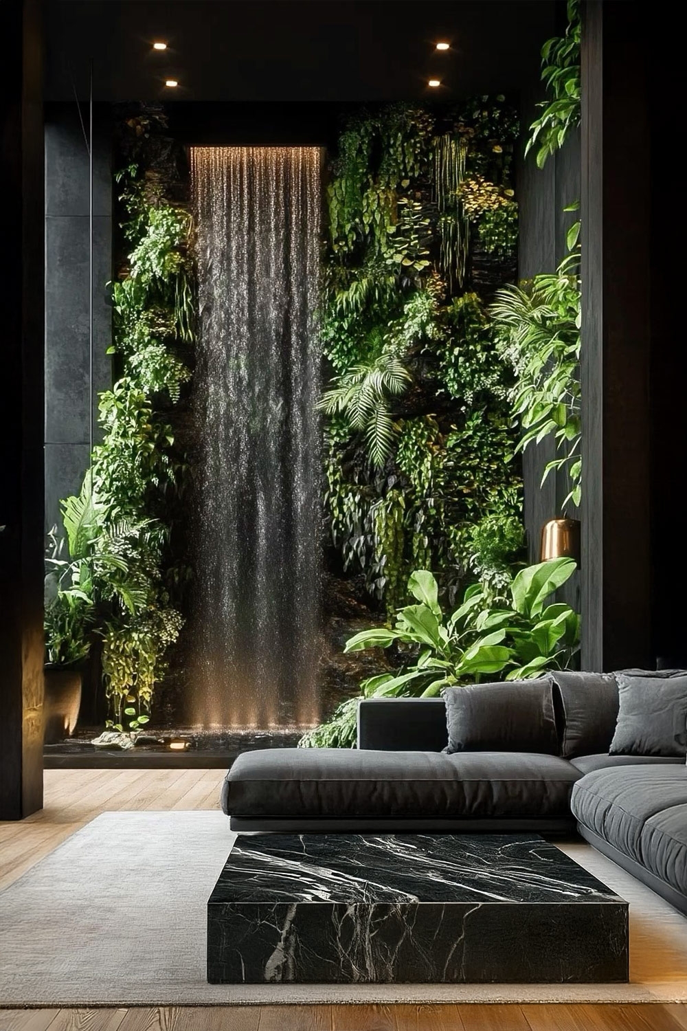 extravagant-ingerichte-woonkamer-met-grijze-bank-gemarmerde-tafel-en-natuurlijk-aandoend-watervallandschap