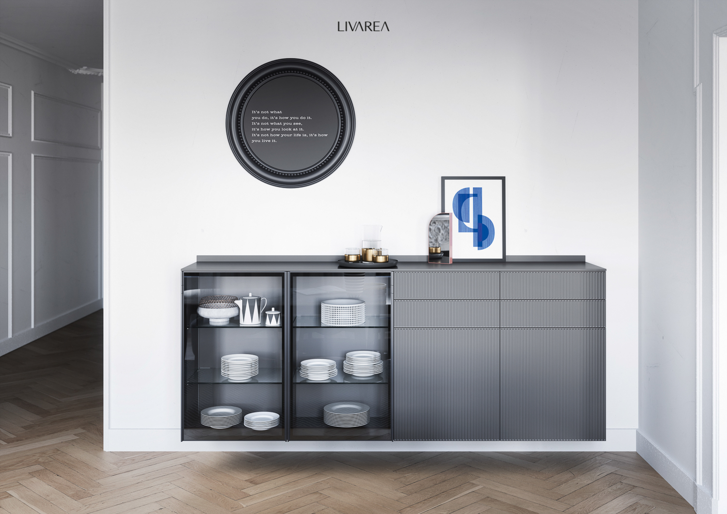 Exclusieve vitrinekast met glazen deuren en laden zwevend aan de muur Exclusieve vitrinekast met glazen deuren en laden zwevend aan de muur