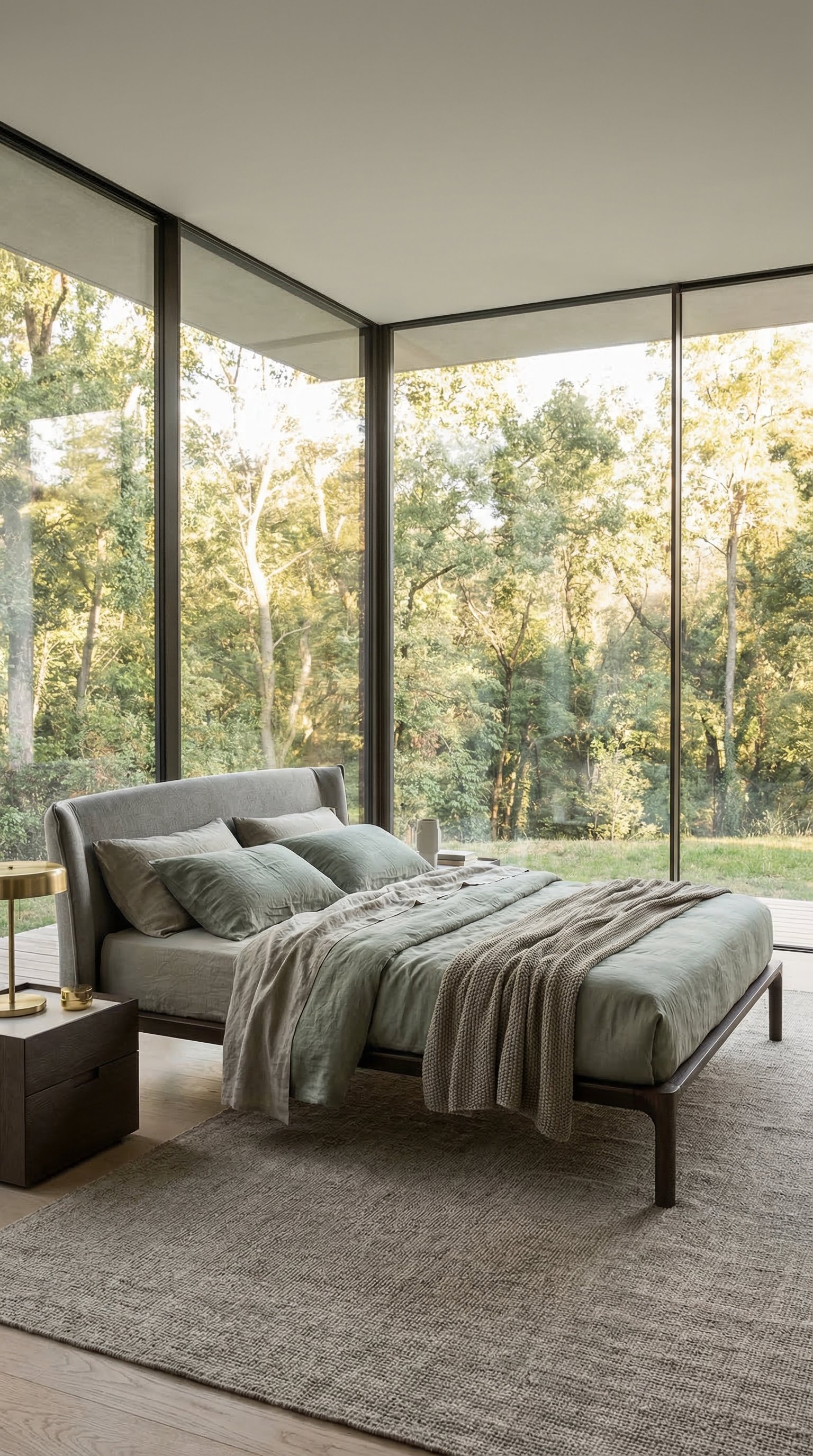 Natuurlijke slaapkamer met ongestreken linnen beddengoed in aardetinten Natuurlijke slaapkamer met ongestreken linnen beddengoed in aardetinten