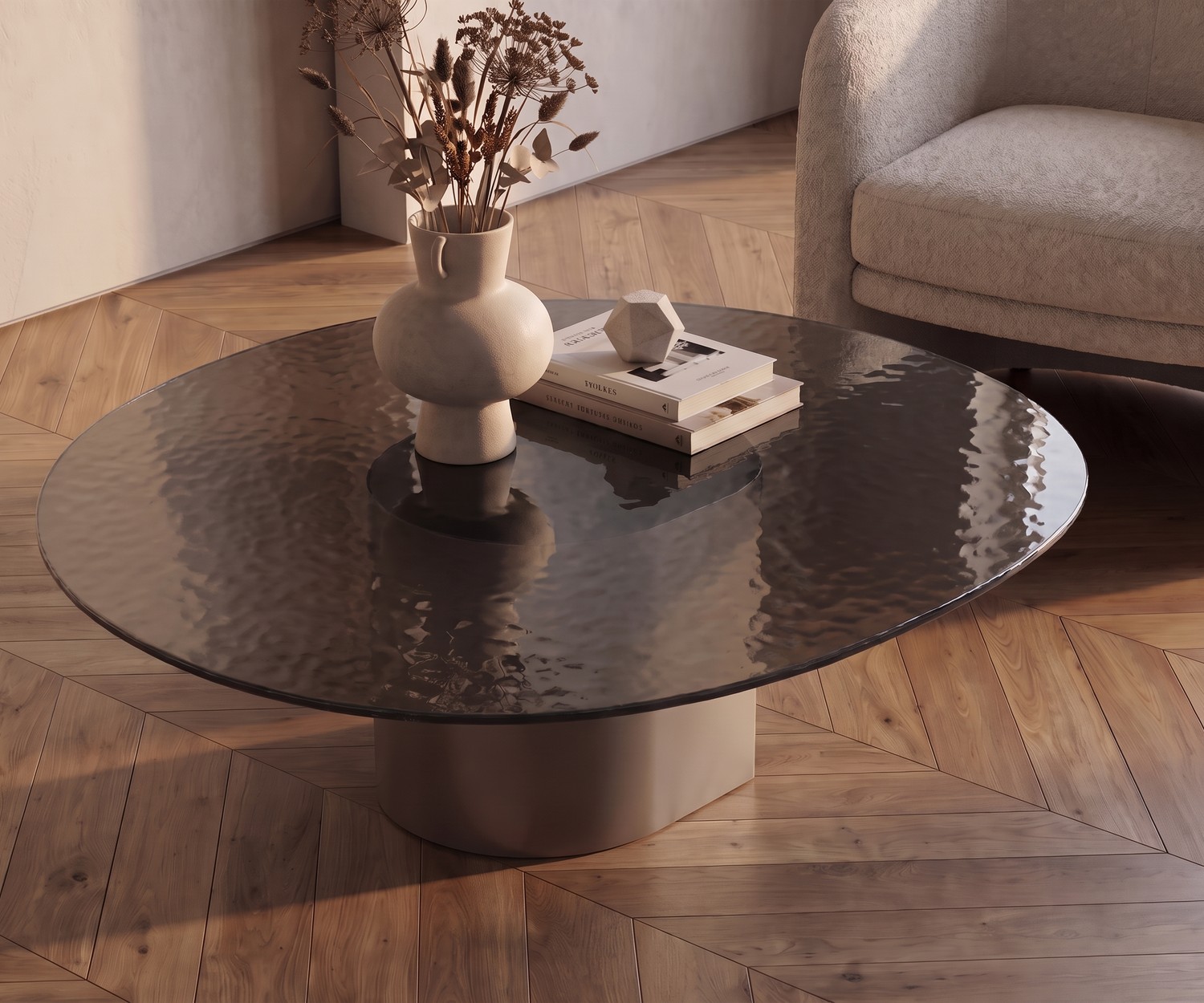 al2 dakry 006 salontafel in woonkamer, donker gestructureerd glazen blad met beige voet, minimalistische stijl.