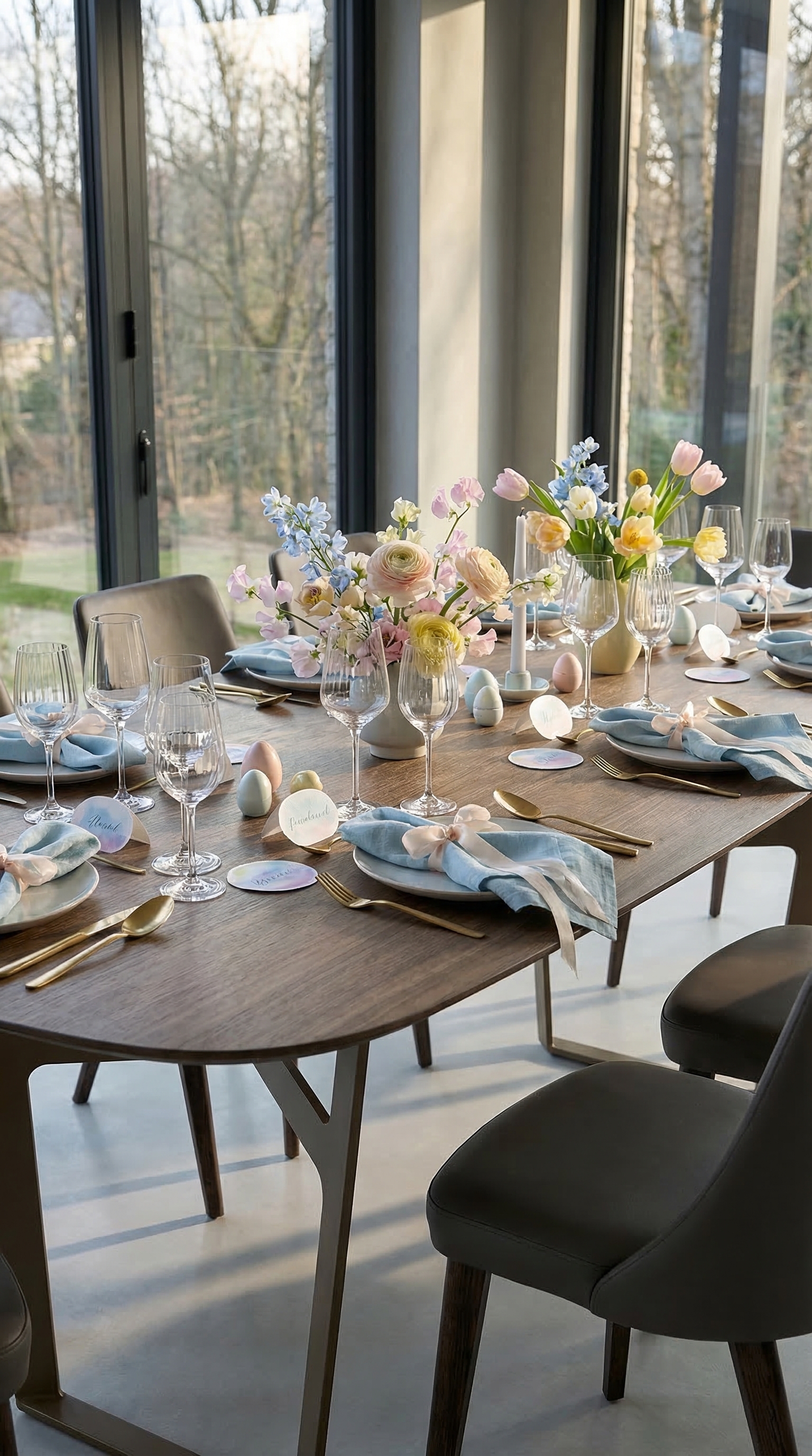 Een elegant gedekte eettafel voor een lente-diner met vrienden, ijsblauw en gouden bestek. Een elegant gedekte eettafel voor een lente-diner met vrienden, ijsblauw en gouden bestek.