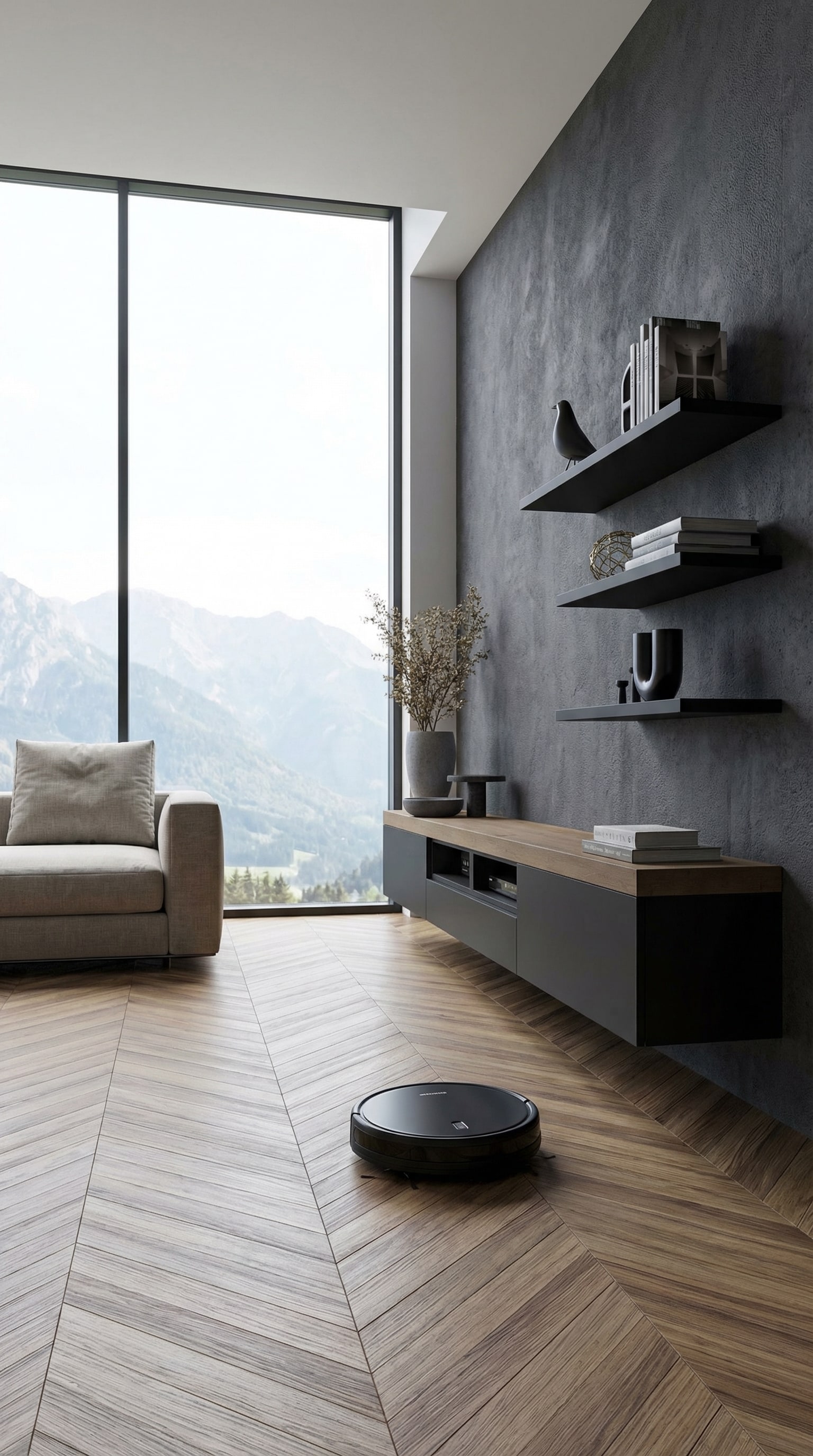 Ein dunkles, wandh&auml;ngendes Lowboard in einem eleganten Wohnzimmer