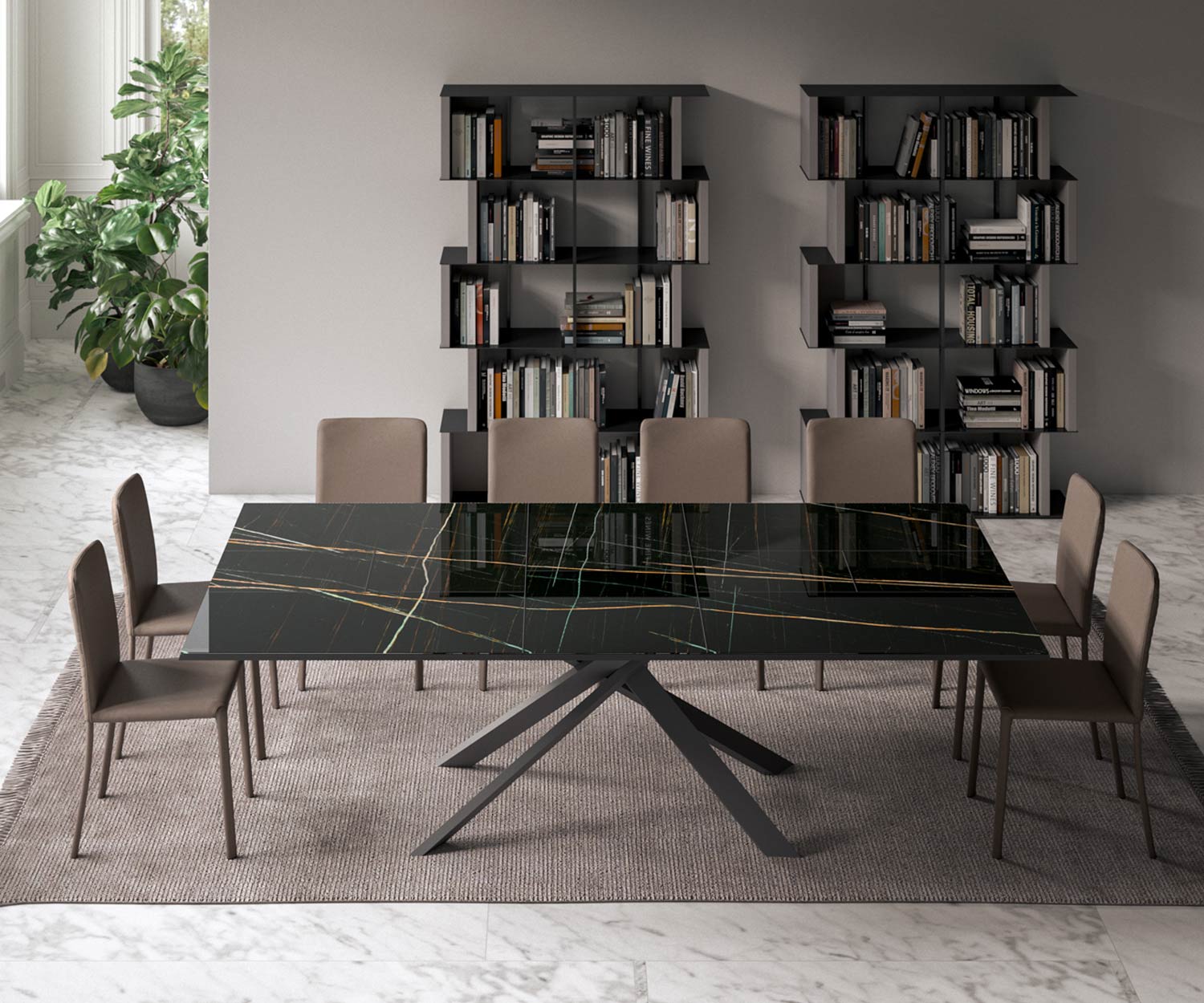Uitschuifbare marmeren glazen eettafel Ozzio 4x4 T240 Zwart Uitschuifbare marmeren glazen eettafel Ozzio 4x4 T240 Zwart