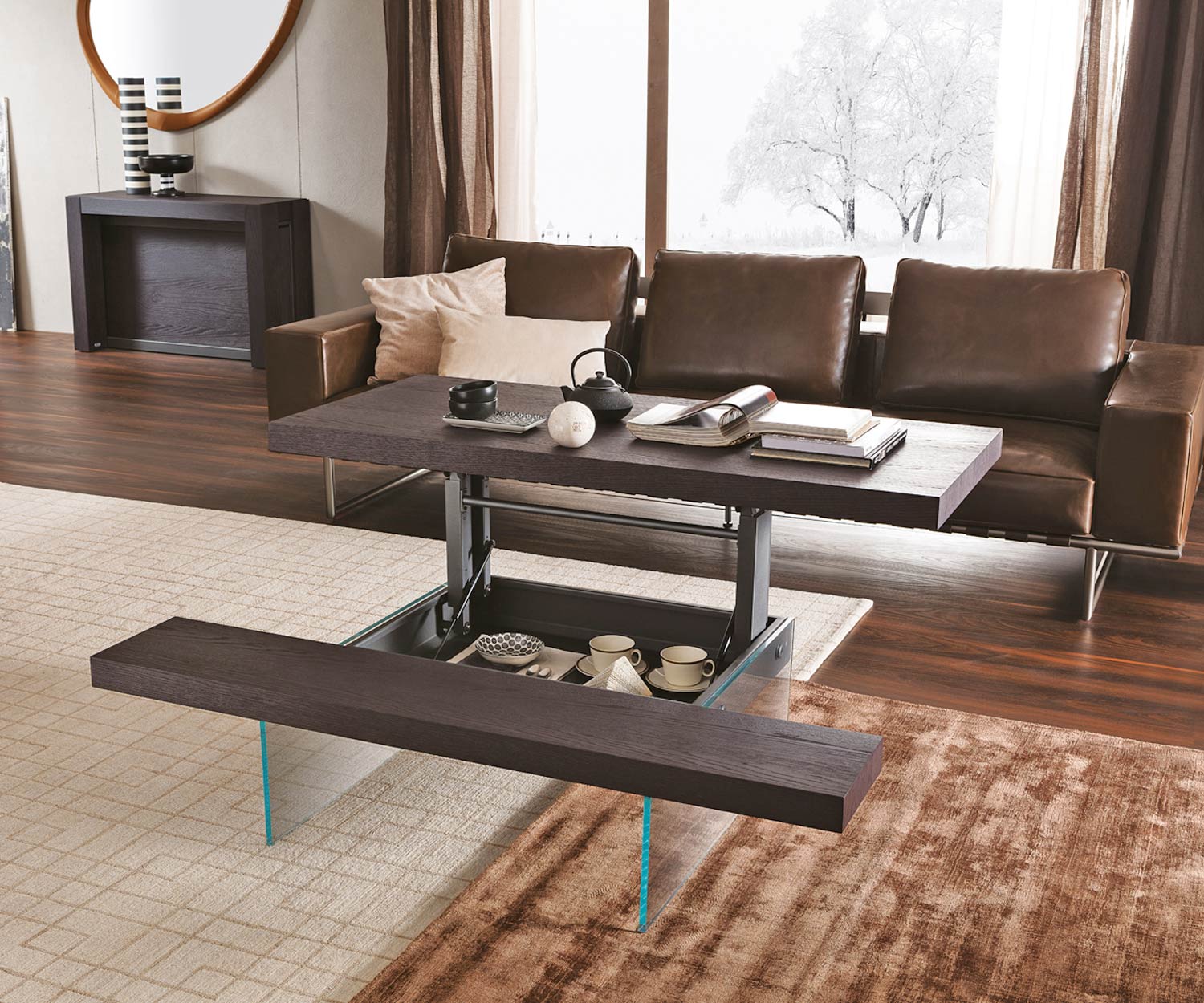 design salontafel eiken bruin glazen onderstel zwevend in hoogte verstelbaarAL2 design salontafel eiken bruin glazen onderstel zwevend in hoogte verstelbaarAL2