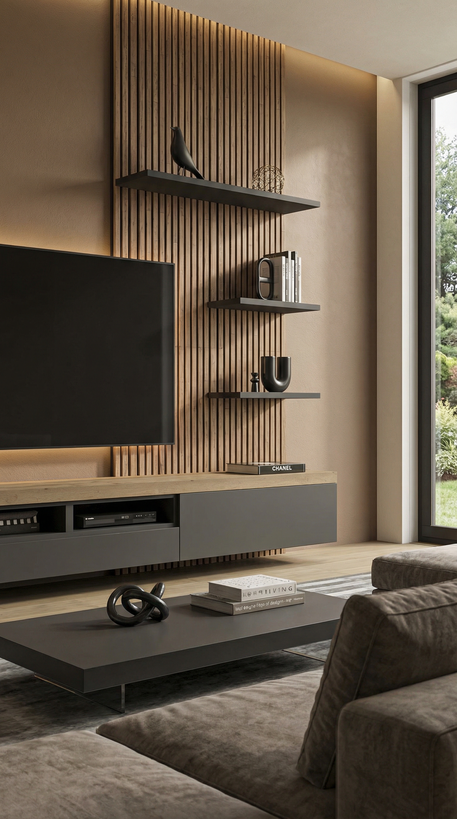 Woonwand met houten lamellen voor bruine muurverf Macchiato Trend 2026