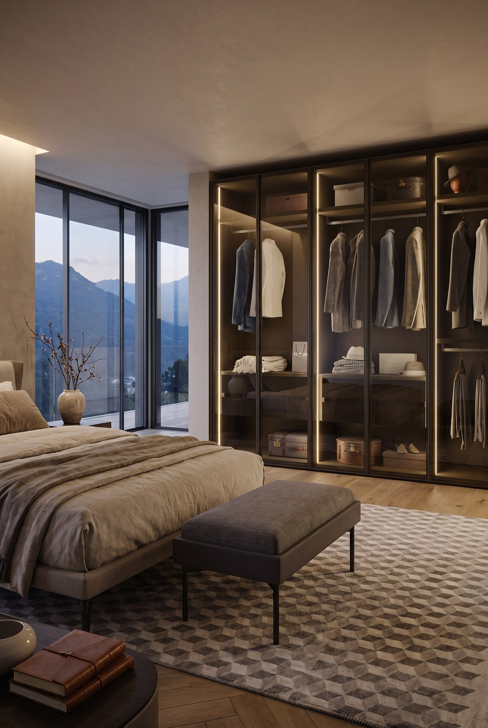 Modernes Schlafzimmer mit Glas-Kleiderschrank Modernes Schlafzimmer mit Glas-Kleiderschrank
