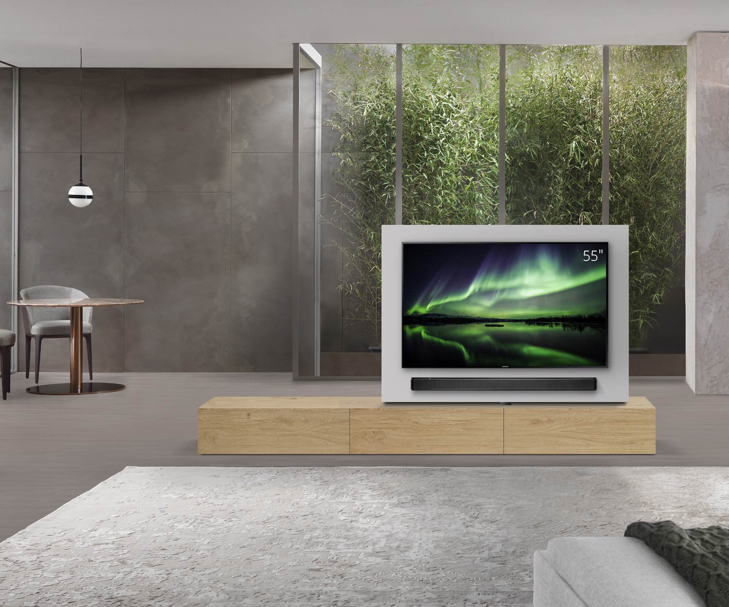 Livitalia Roto design lowboard ruimteverdeler met draaibaar TV-paneel B180 65 H33 D47 EiHe B90li oBox Livitalia Roto design lowboard ruimteverdeler met draaibaar TV-paneel B180 65 H33 D47 EiHe B90li oBox