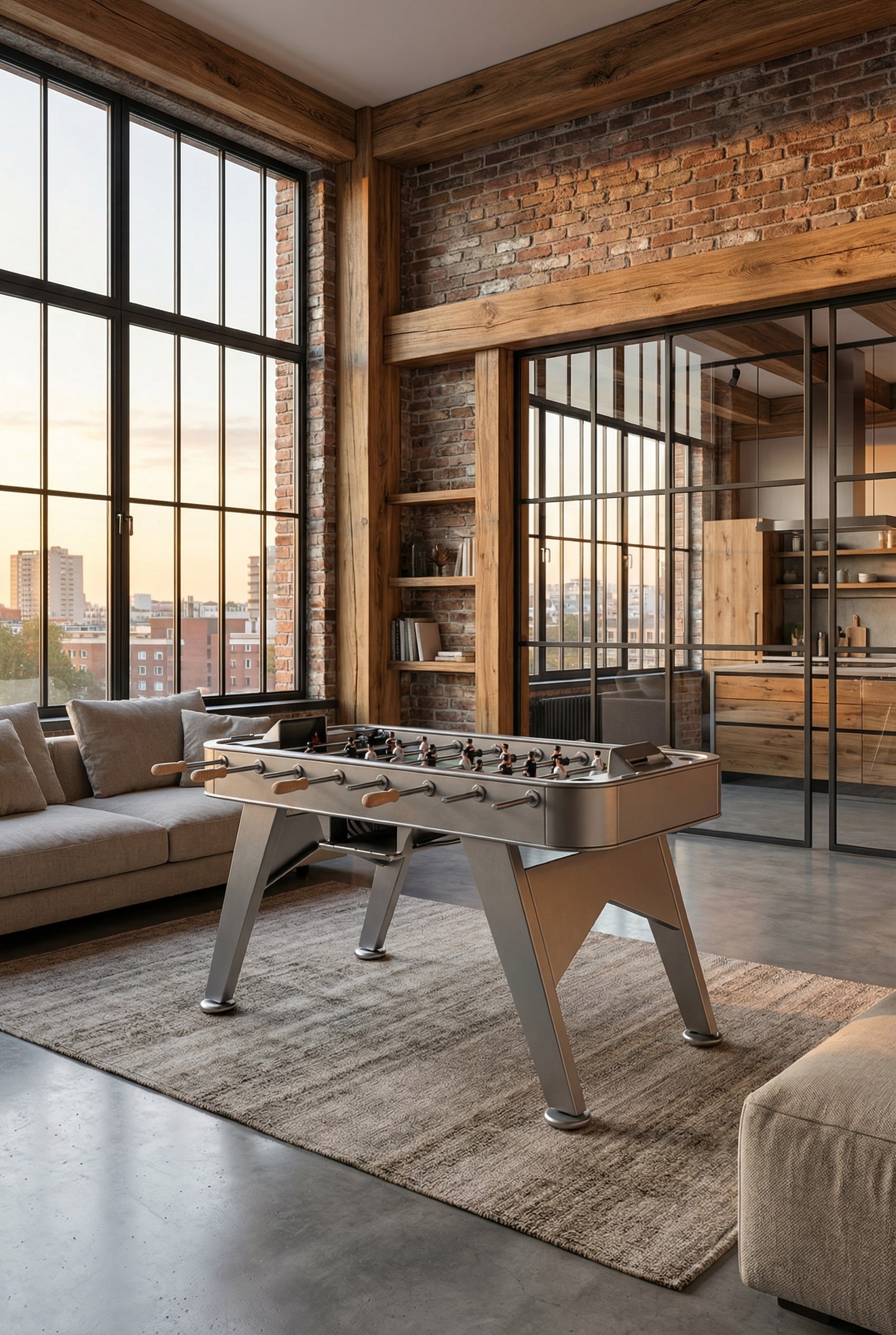 Robuuste RVS tafelvoetbaltafel in een stijlvolle industri&euml;le loft met zichtbaar metselwerk en grote fabriekramen.