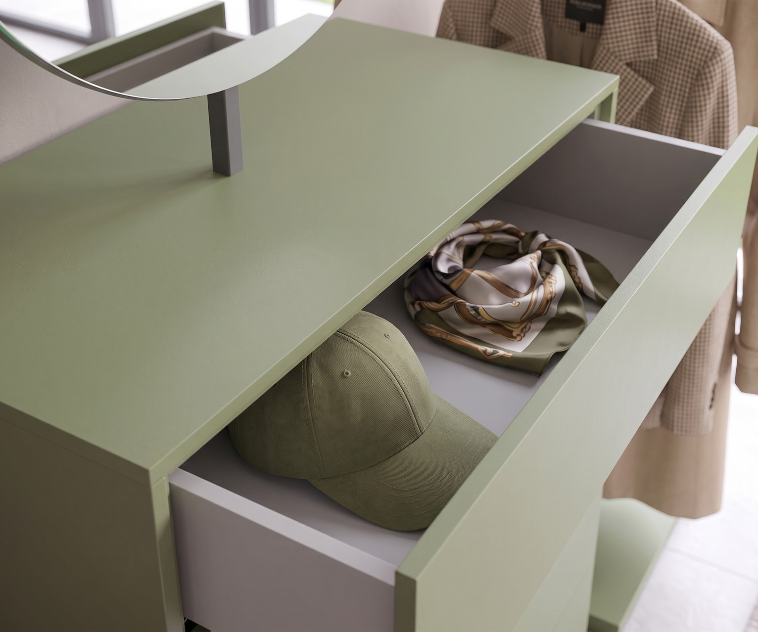 Novamobili Easy 9 ladekast: Geopende saliegroene lade met opbergruimte voor accessoires in een moderne hal of slaapkamer.