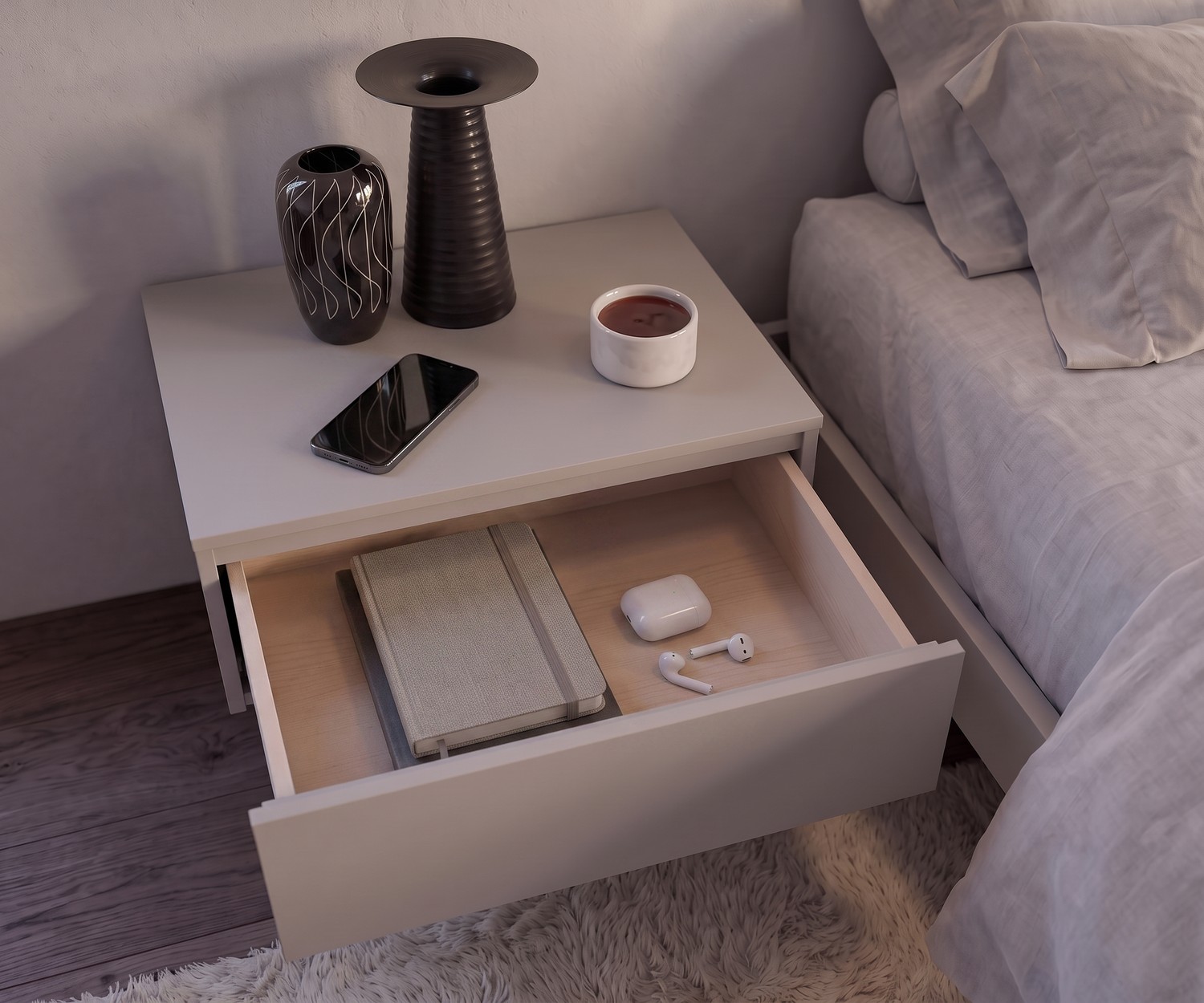 Novamobili Easy 1 nachtkastje met open lade naast het bed, modern greeploos nachtkastje in lichtgrijs