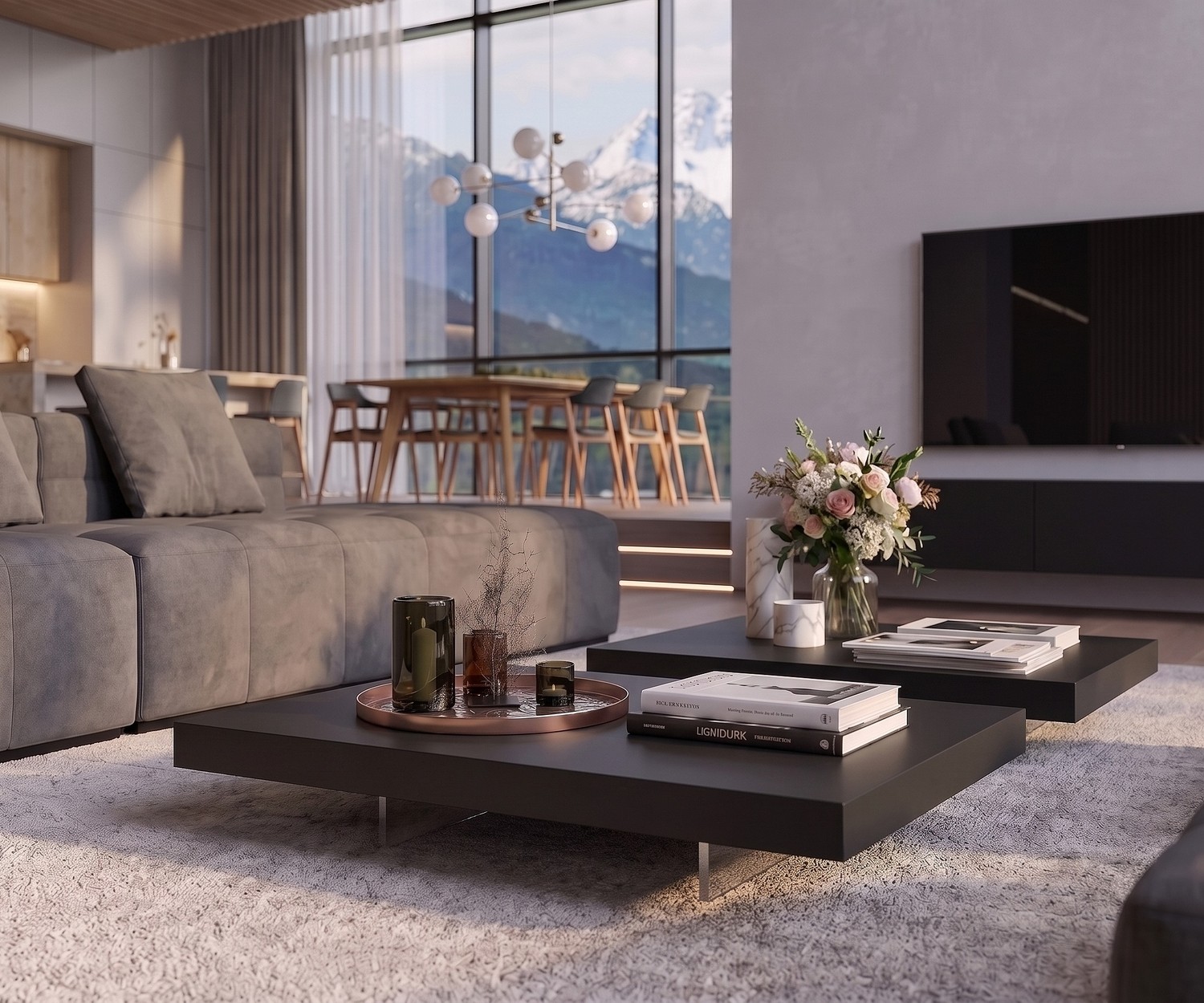 Livitalia Couchtisch Low salontafel in moderne woonkamer: Lage zwarte designtafel op transparante glazen poten.