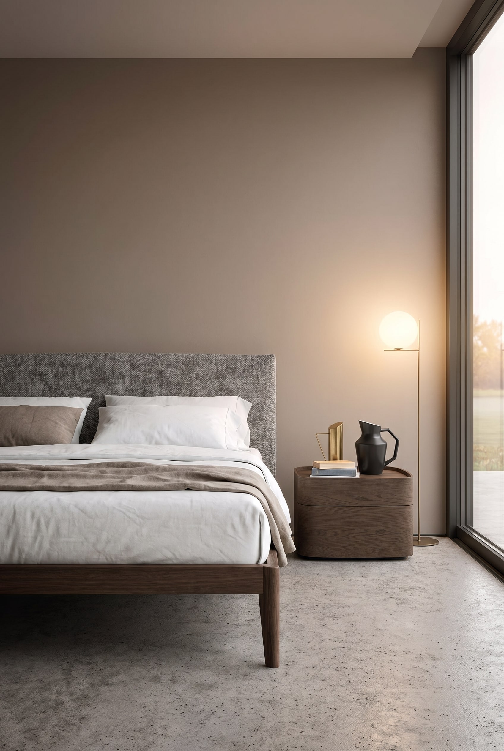 Minimalistisches Schlafzimmer mit dunklen Holzmöbeln