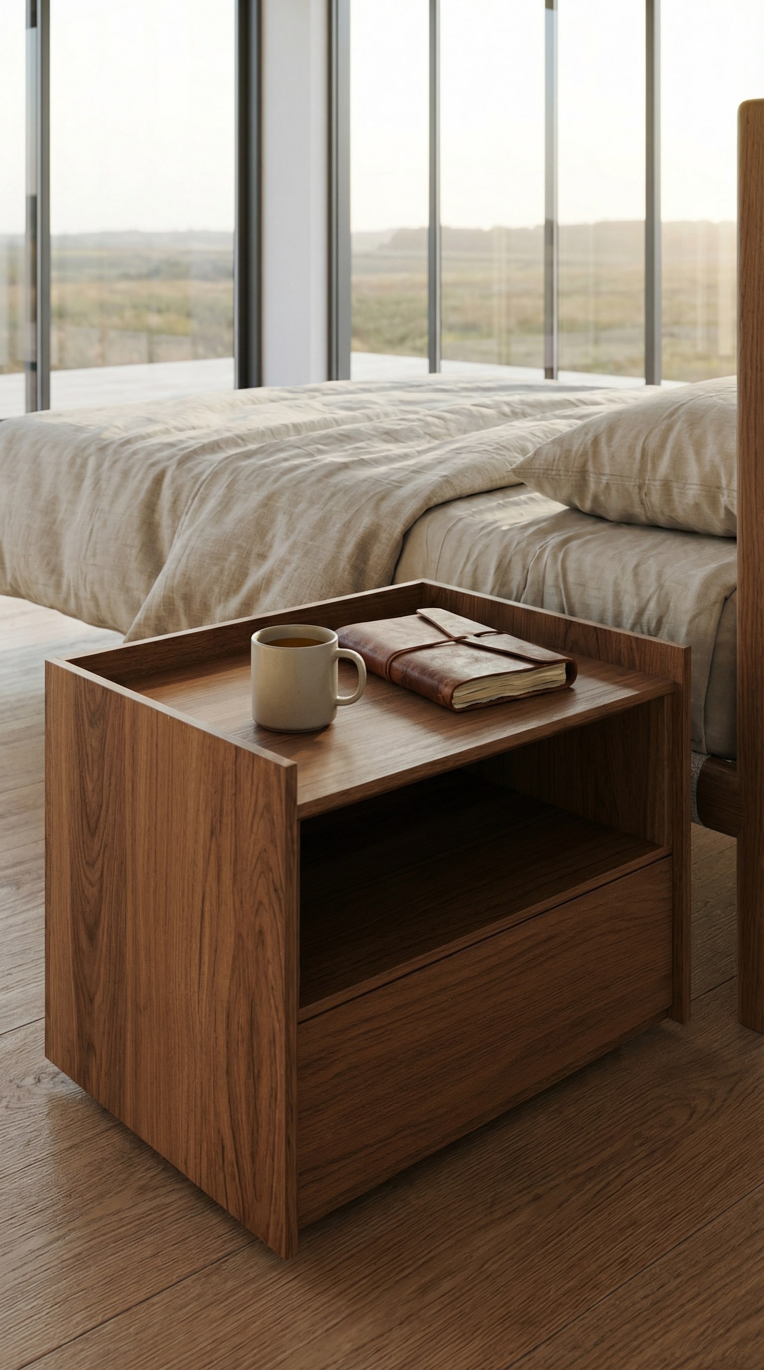 Een warm Novamobili nachtkastje van hout in een moderne slaapkamer zonder technologie Een warm Novamobili nachtkastje van hout in een moderne slaapkamer zonder technologie