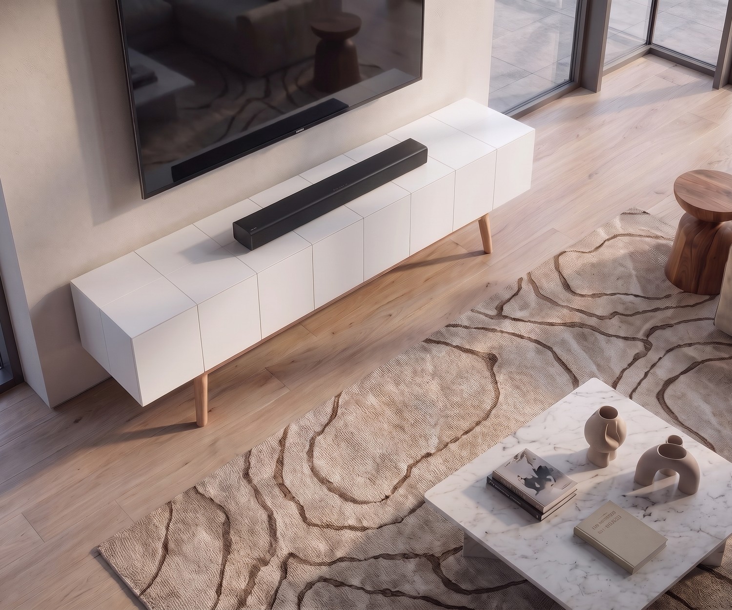 Wit TV-lowboard MOS-I-KO 005 B met houten poten TV-lowboard al2 MOS-I-KO 005 B voor de woonkamer in mat wit met houten poten in moderne retrostijl.
