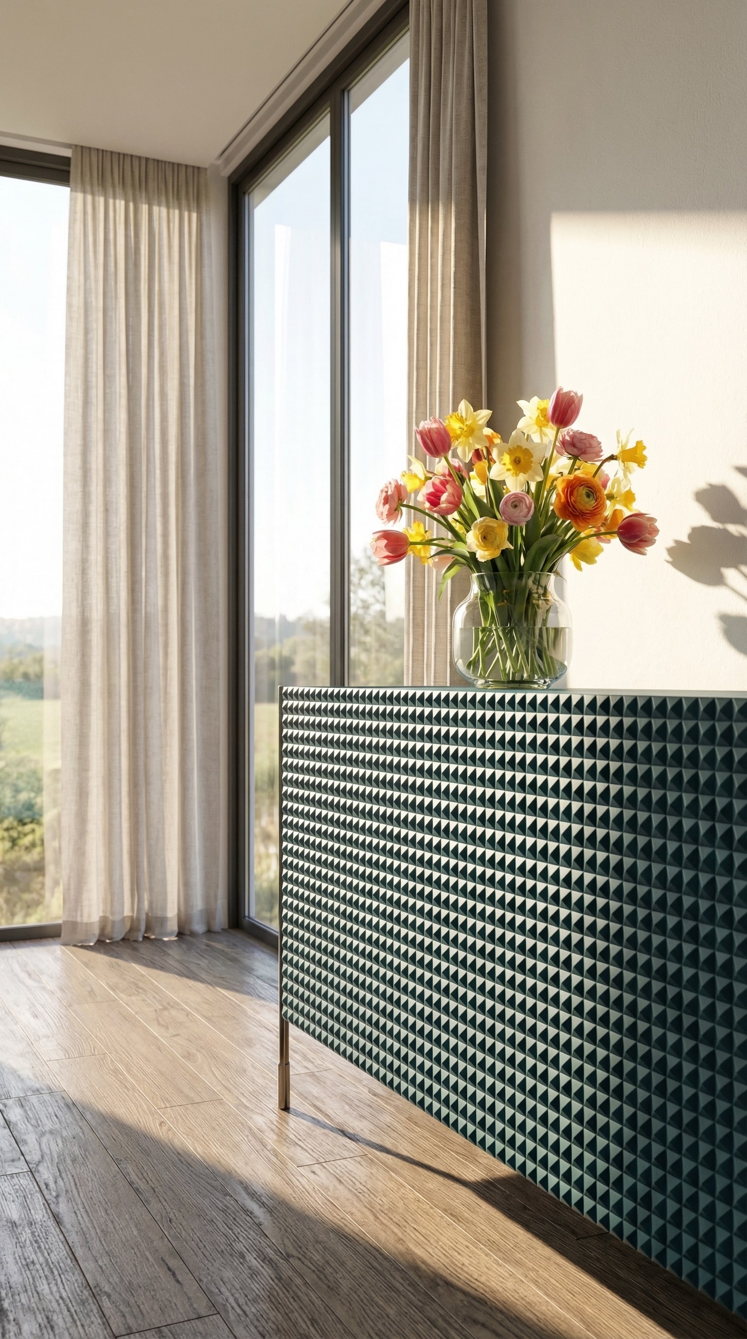 Moderne woonkamer in de lente met een turquoise dressoir met 3D-piramidestructuur voor grote ramen.