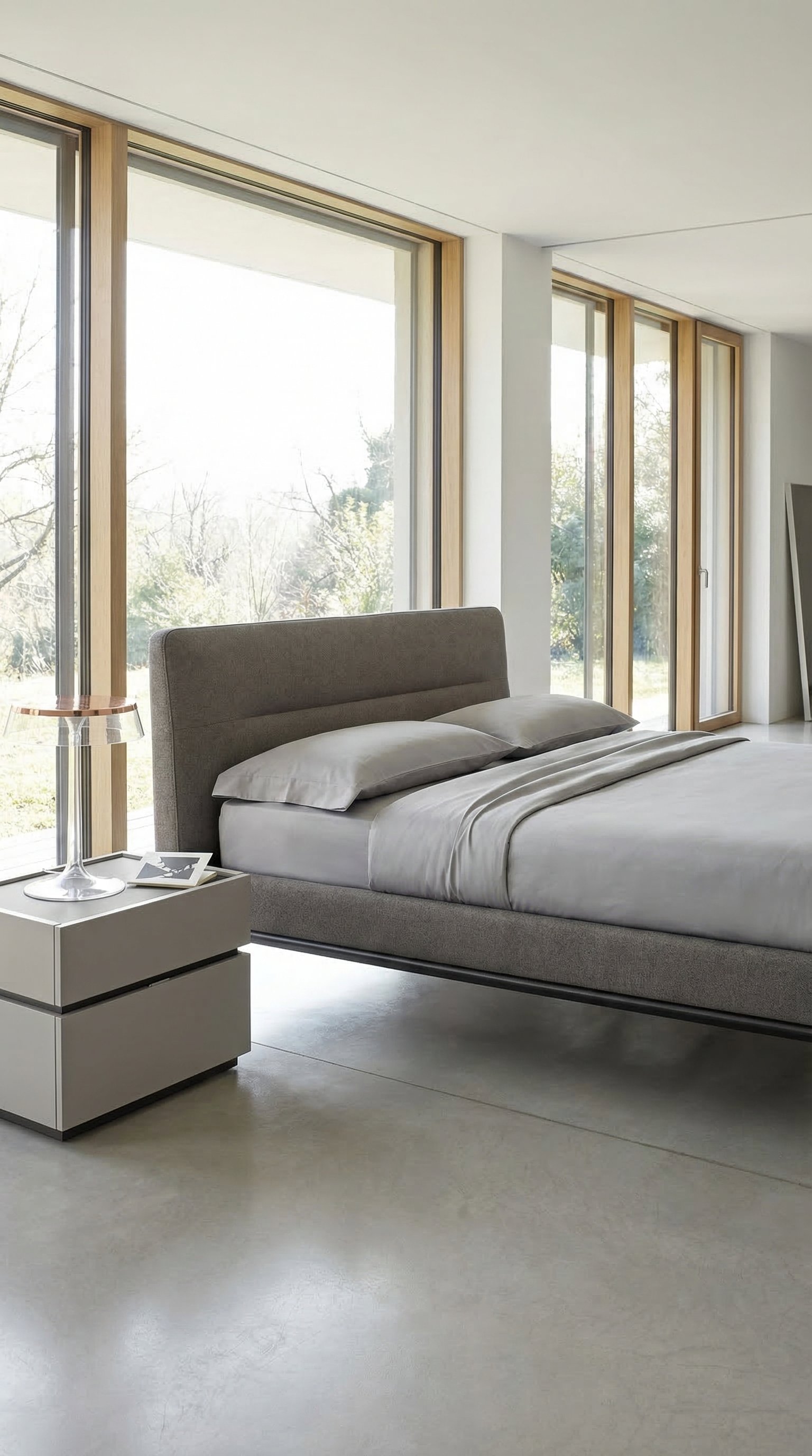 Minimalistische Scandinavische slaapkamer met gladde grijze bedovertrek
