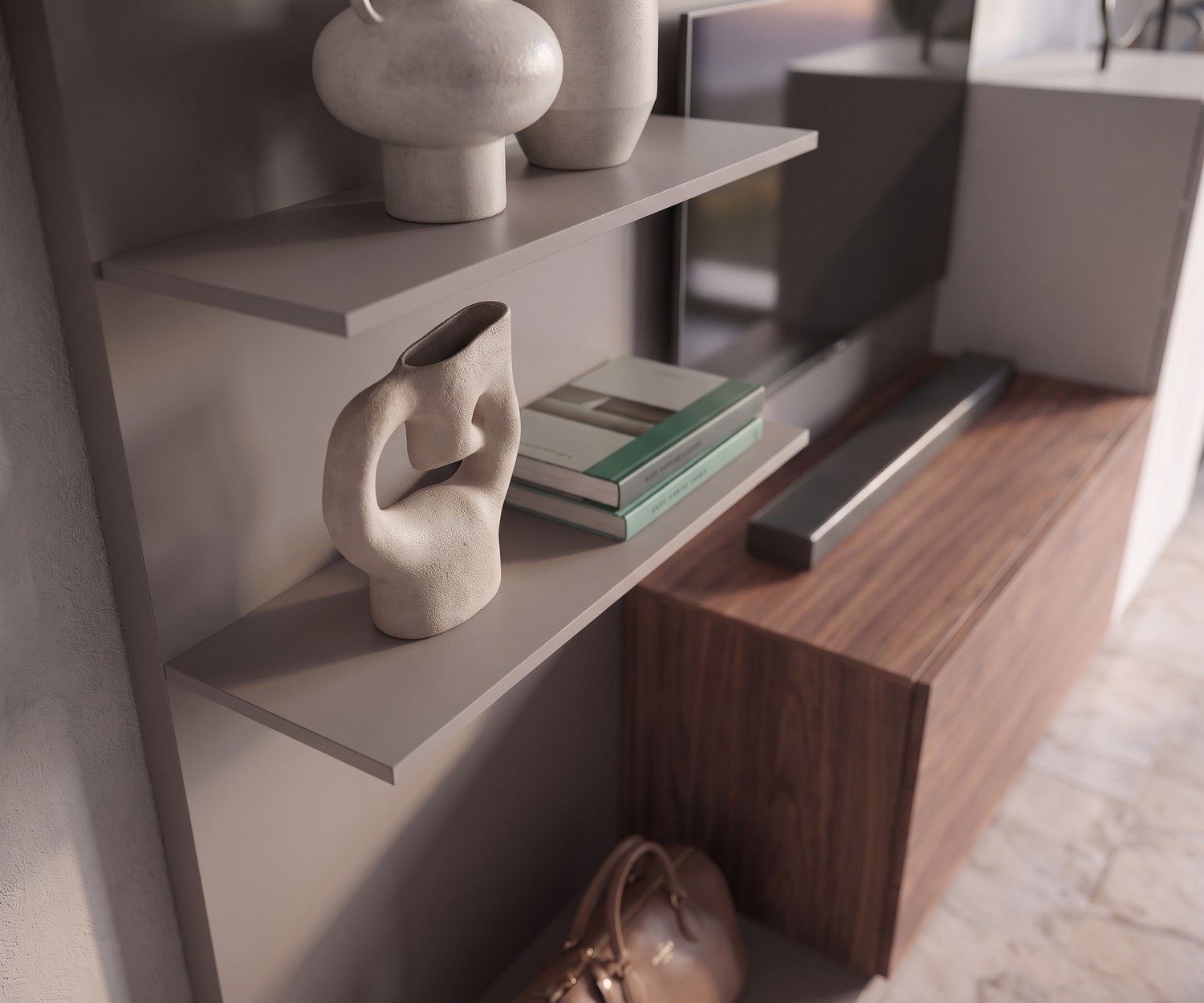 Novamobili Easy 9 garderobepaneel met planken Novamobili Easy 9 garderobepaneel met wandplanken voor decoratie in de hal, minimalistisch design in taupe en walnoot.