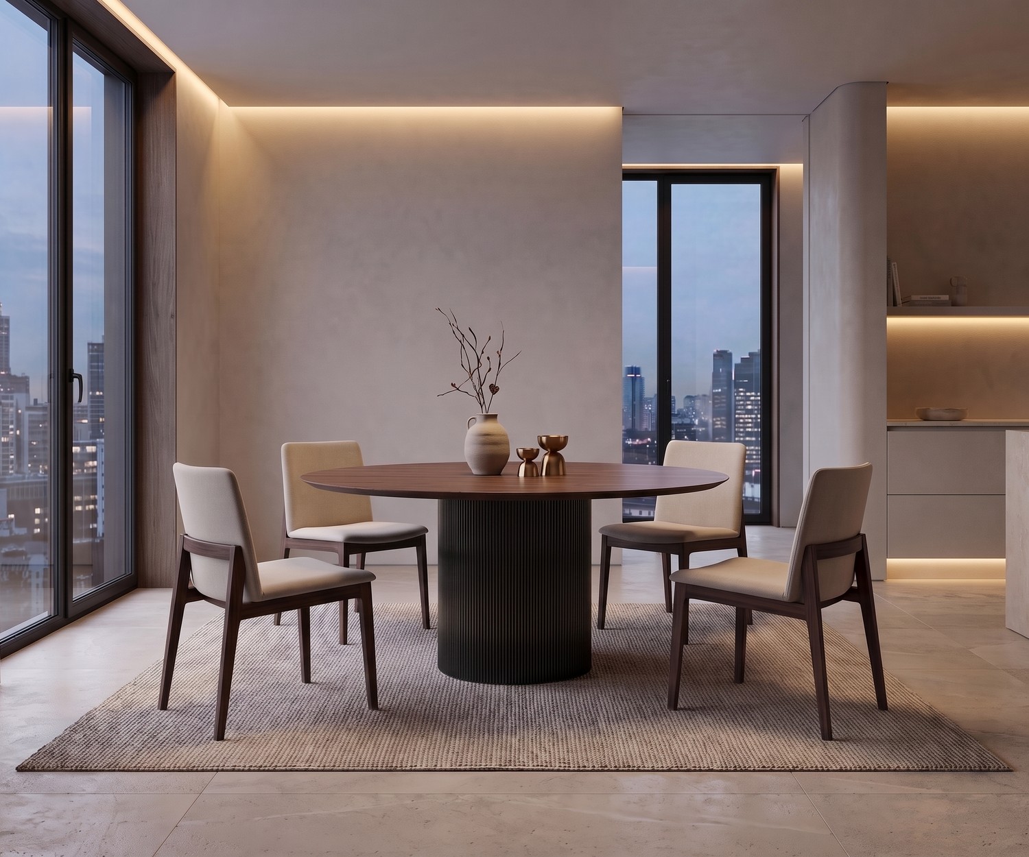 al2 Dakry BR 001 Ronde design eettafel met geribbelde voet al2 Dakry BR 001 ronde eettafel in moderne eetkamer, houten tafel met geribbelde zuilvoet en beige eetkamerstoelen.