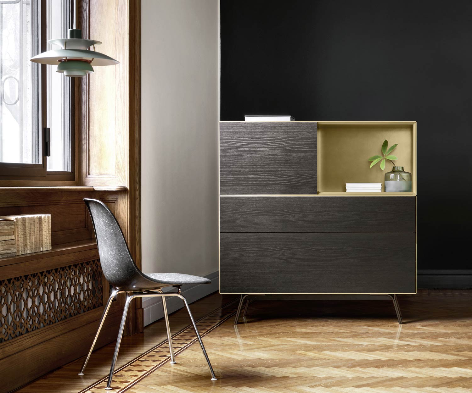 Modern design highboard Minimal van Livitalia open vak kleur goud Modern design highboard Minimal van Livitalia open vak kleur goud