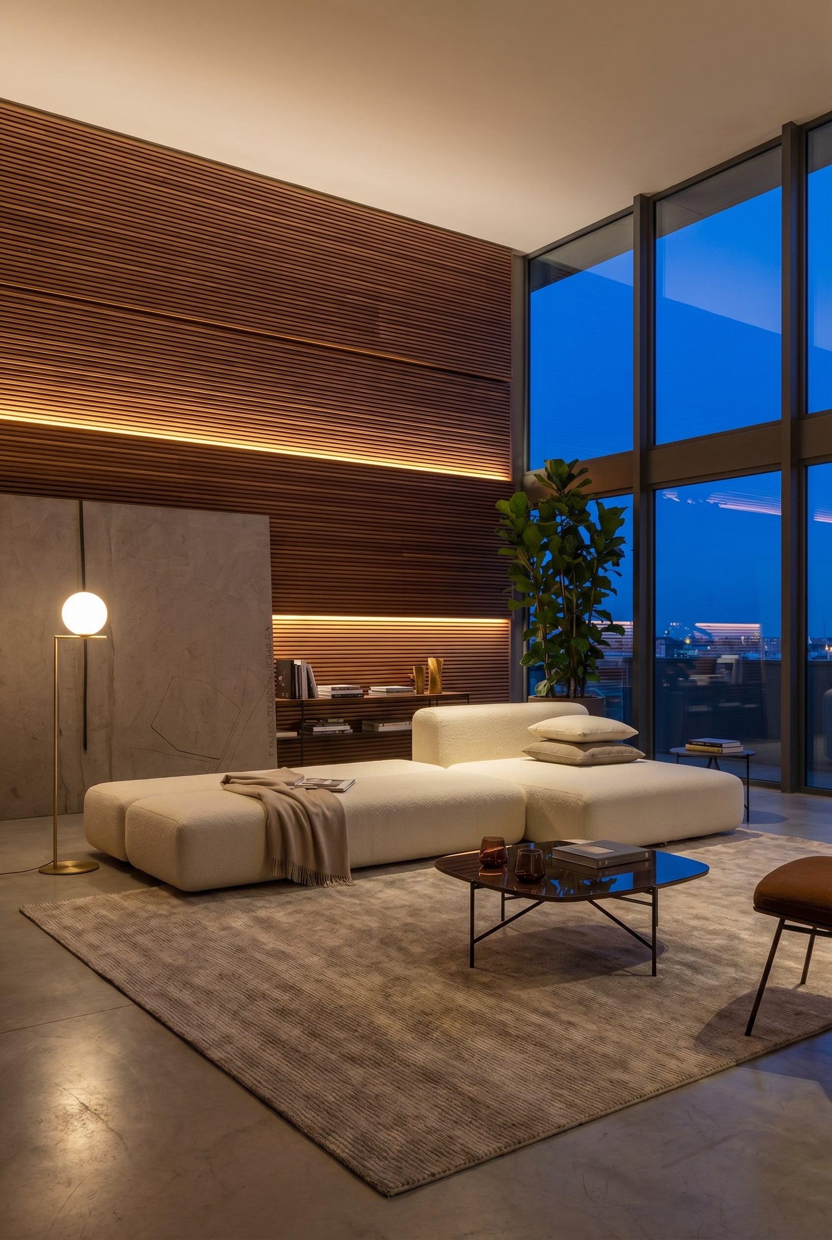 Dunkelgraues modulares Schlafsofa im Hotel-Suite-Look, platziert vor einer eleganten warmen Wand aus Holzlamellen