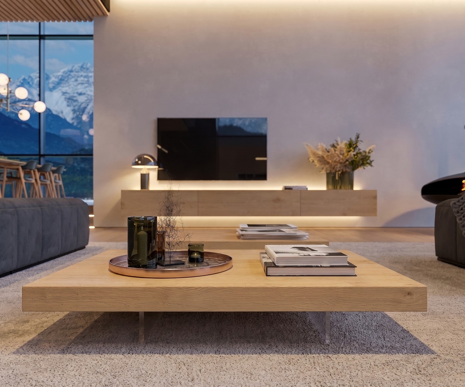 Moderne woonkamer met de Livitalia Low salontafel van licht eikenhout op transparante poten.