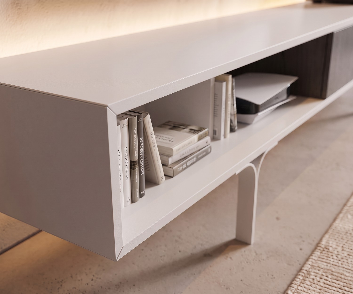 al2 Mobius 005 design TV-lowboard Mobius 005 TV-lowboard voor de woonkamer. Minimalistisch wit tv-meubel met open vakken voor boeken en een console.