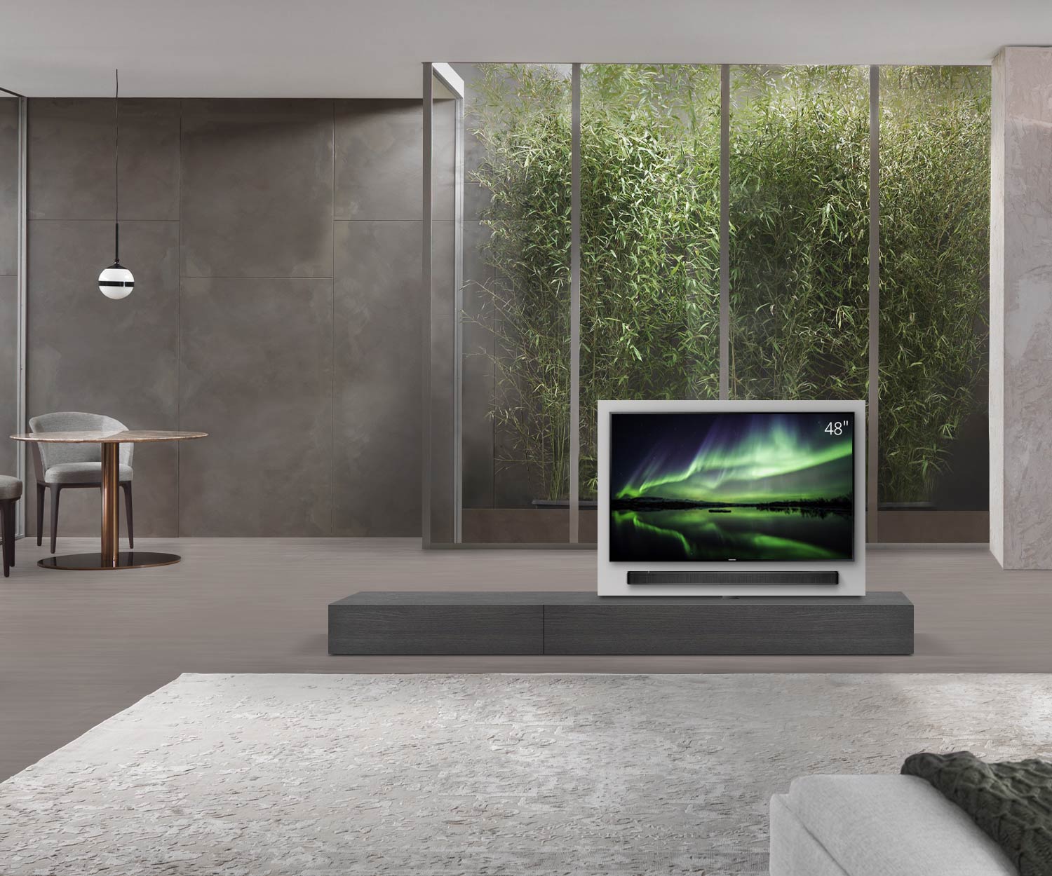 Livitalia Roto design lowboard ruimteverdeler met draaibaar TV-paneel B150 50 H25 D47 EiGr B90li oBox Livitalia Roto design lowboard ruimteverdeler met draaibaar TV-paneel B150 50 H25 D47 EiGr B90li oBox