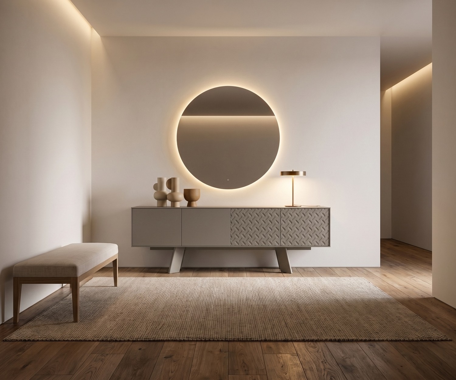 Dressoir Alhambra 003 van al2 voor de woonkamer of hal. Minimalistische grijze kast met reliëf op de deuren.