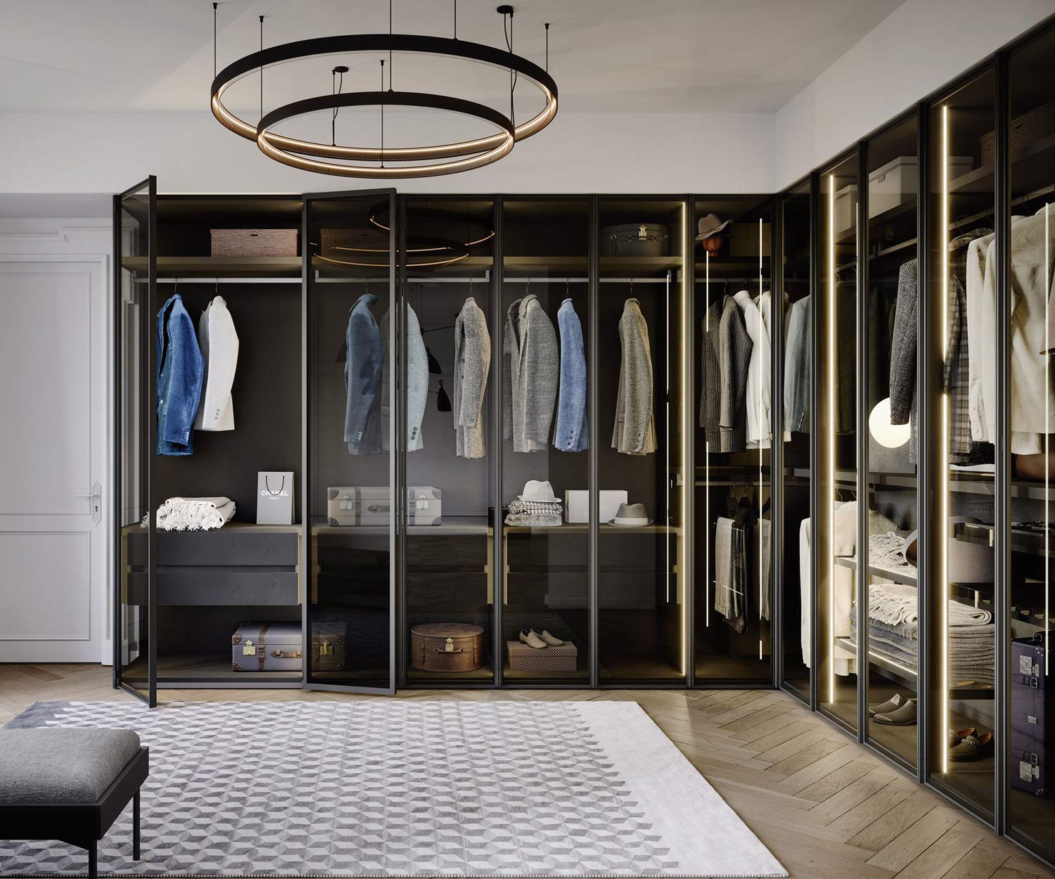 Luxe kleedkamer met glazen deuren Verlichting Luxe kleedkamer met glazen deuren Verlichting