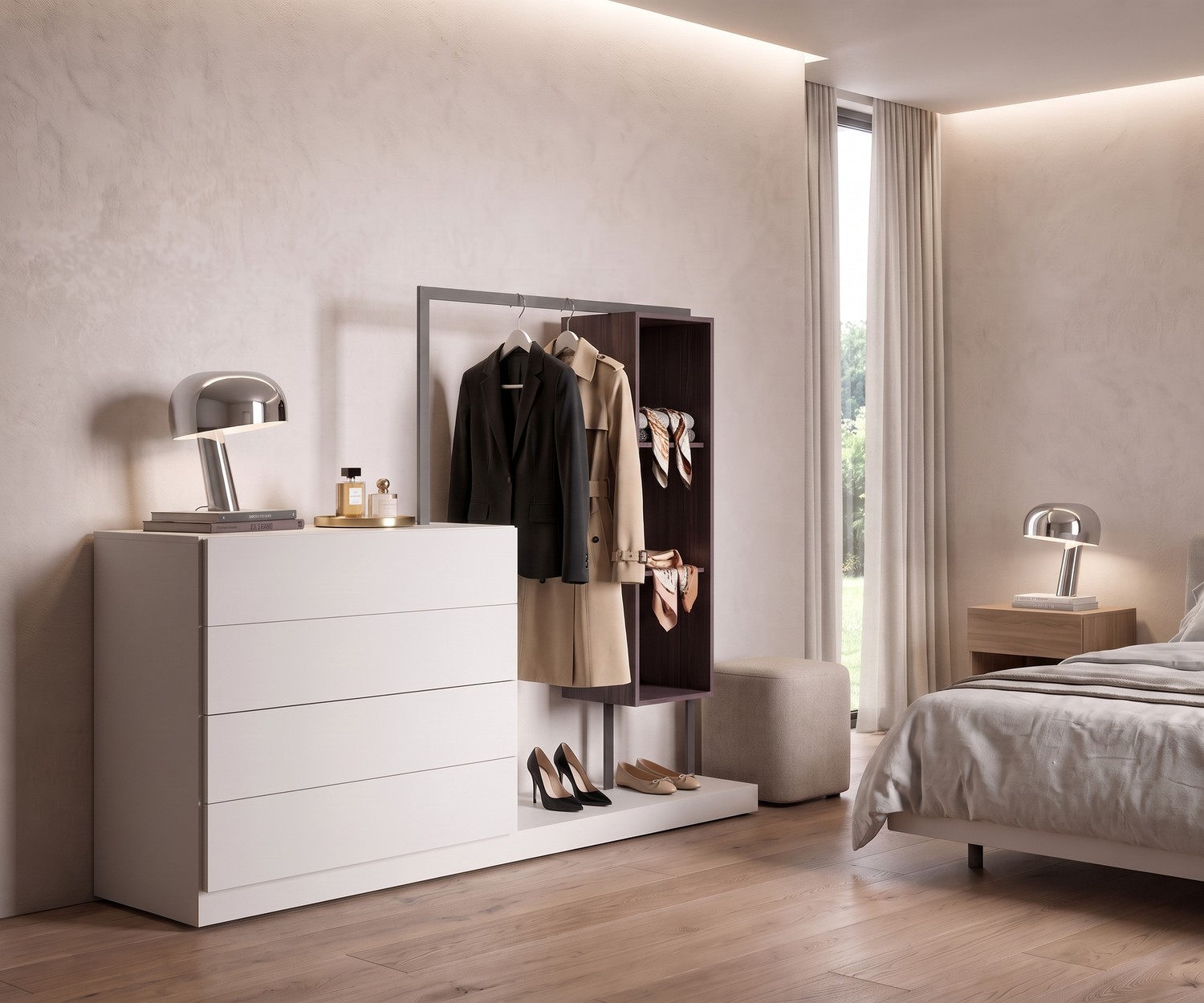 Slaapkamer ladekast met garderobe Easy 4 van Novamobili. Modern wit design met kledingroede en open kast.