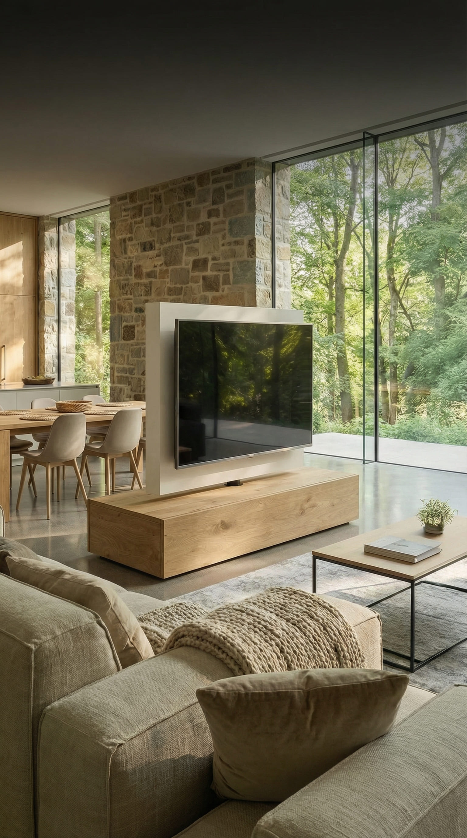 Vrijstaande Roto TV roomdivider draaibaar in open loft met uitzicht op het groen