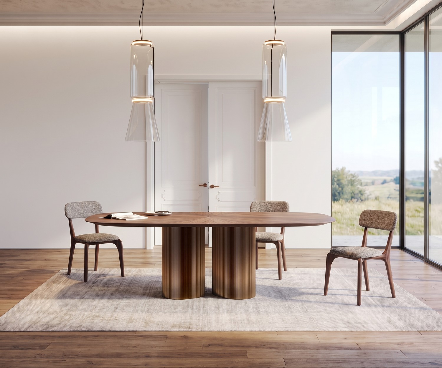 Ovale al2 dakry b 001 eettafel met metalen onderstel al2 dakry b 001 eettafel, ovale houten tafel met geribbelde metalen poten in een moderne, lichte eetkamer.