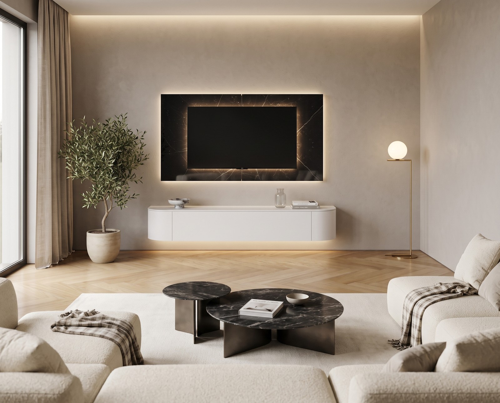 Novamobili Lowboard Tondora in Weiß matt, B 210 cm, hängend im Wohnzimmer, mit Keramik-TV-Paneel Novamobili Lowboard Tondora in Weiß matt, B 210 cm, hängend im Wohnzimmer, mit Keramik-TV-Paneel