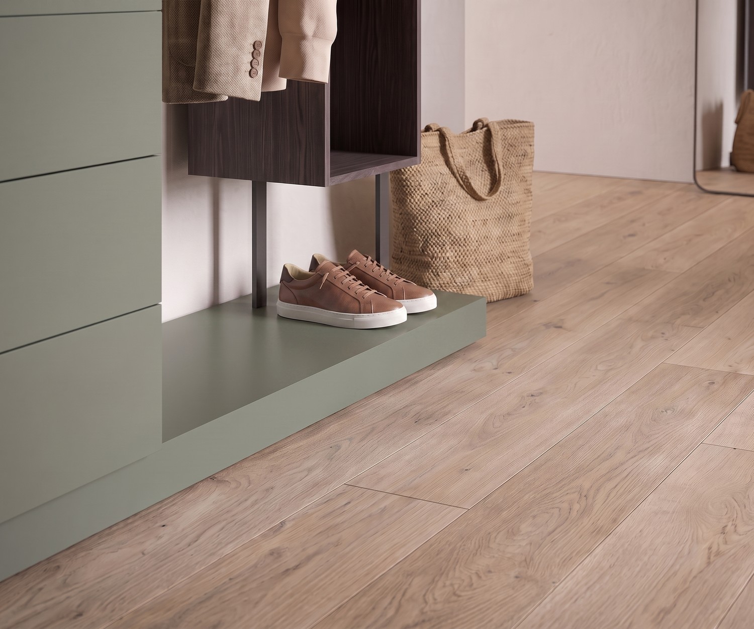 Novamobili ladekast Easy 4 met garderobe voor de hal, groen design meubel met houten open vak en schoenenplatform.