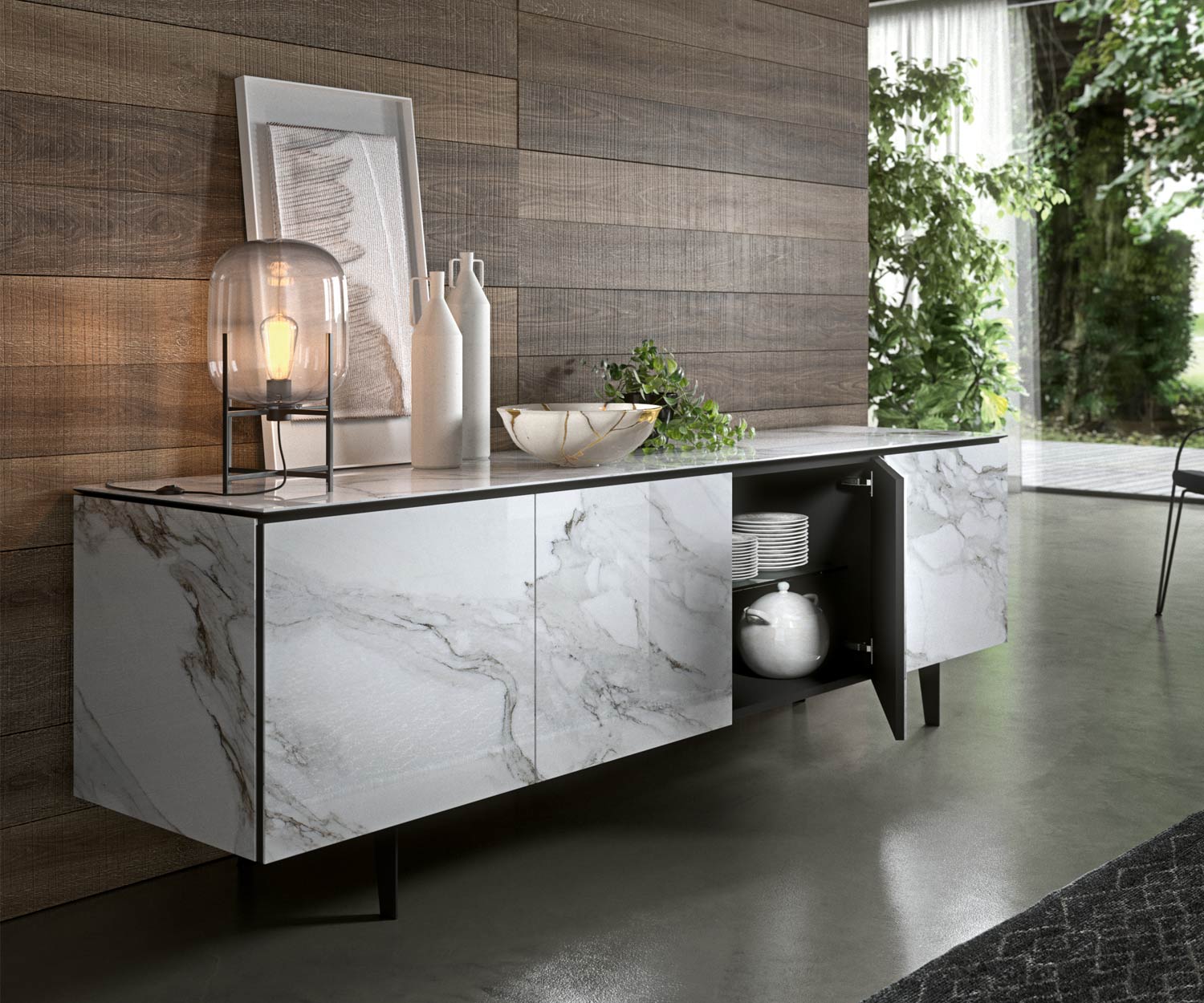 Design dressoir keramische glazen legplank deur open Design dressoir keramische glazen legplank deur open