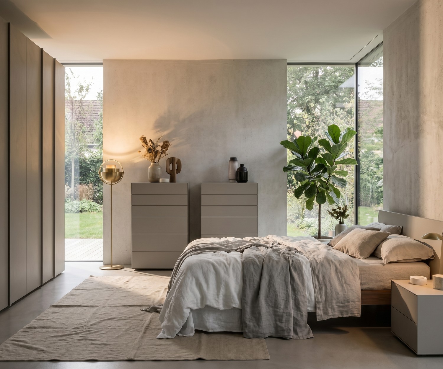Livitalia Ecletto minimalistische hoge ladenkast Livitalia Ecletto hoge ladenkast in de slaapkamer, lichtgrijze design commode met greeploze laden.
