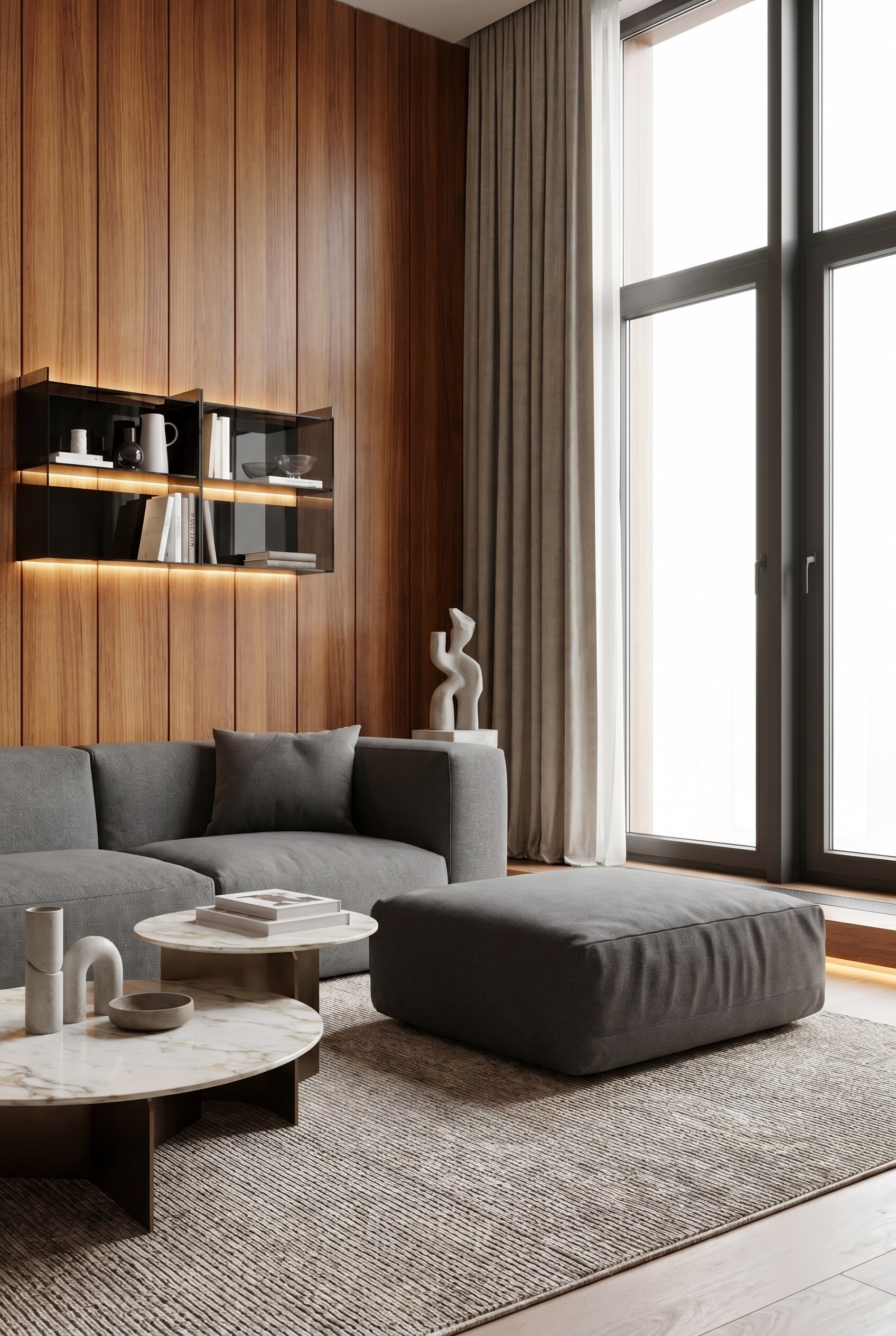 Wohnzimmer mit vertikaler Holzverkleidung und einem niedrigen, kissenartigen Pouf in Moosgrün auf dem Boden