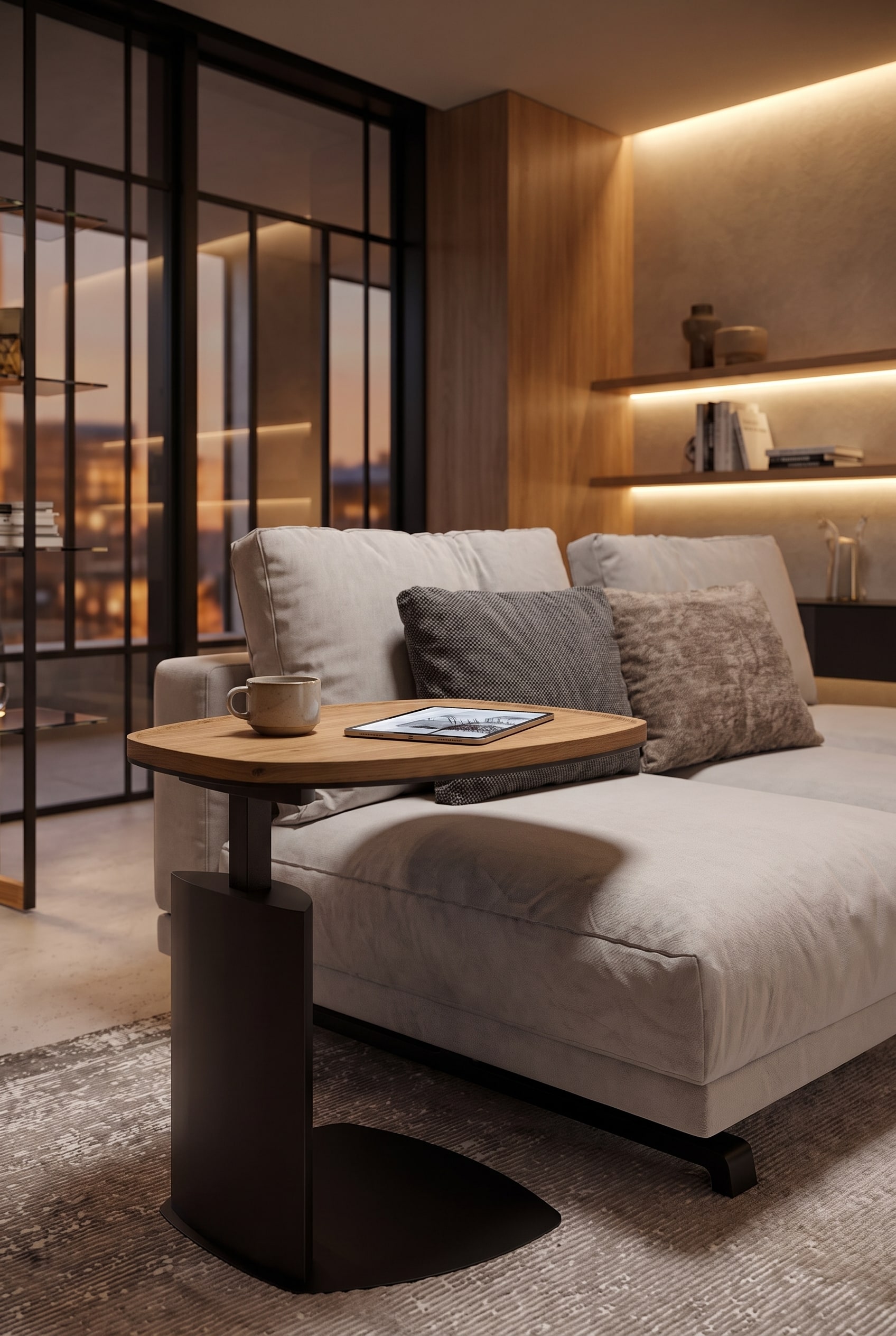 Modernes Wohnzimmer mit kompaktem C-Tisch Modernes Wohnzimmer mit kompaktem C-Tisch