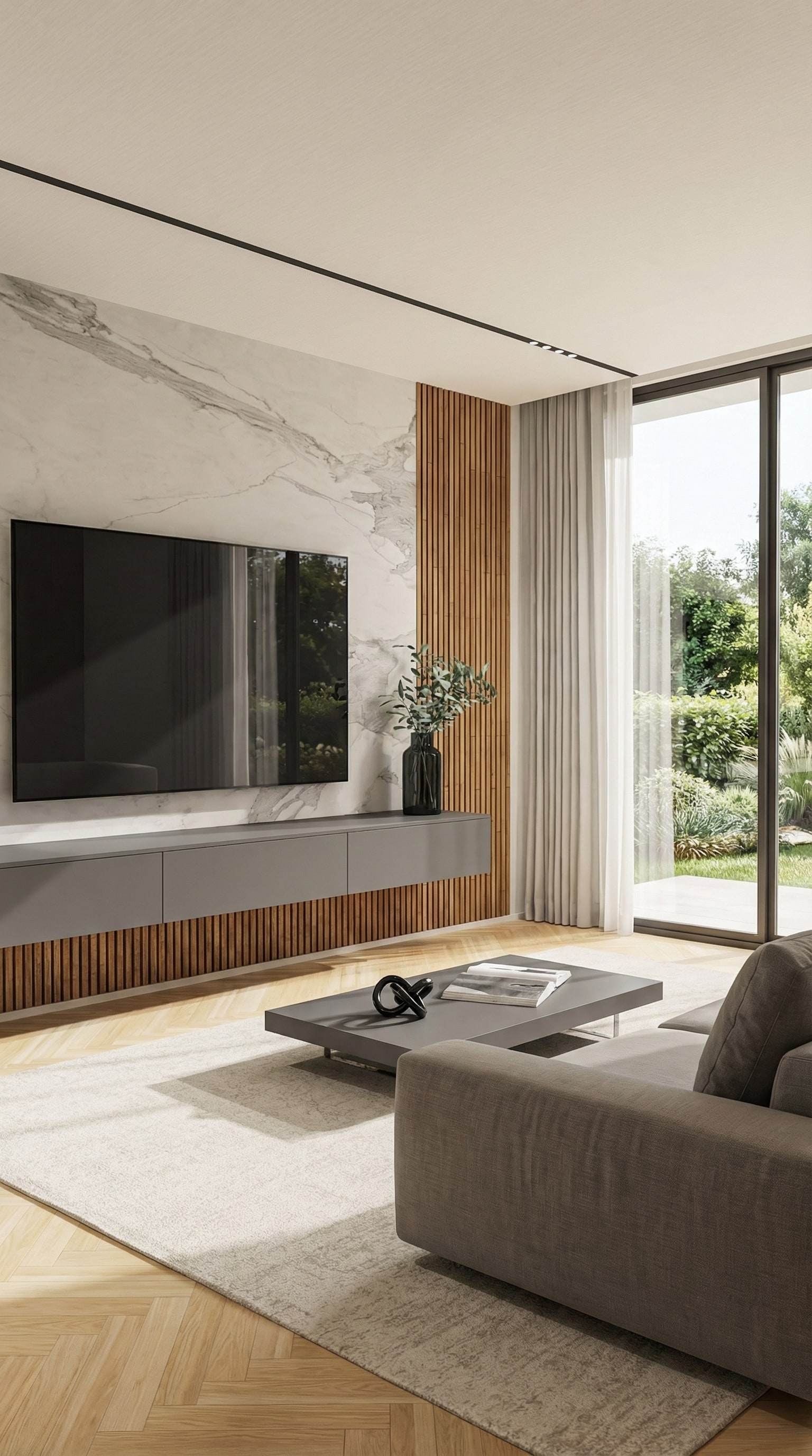 Livitalia Woonwand C103 met verticale houten lamellen en achterwand in edele marmerlook Livitalia Woonwand C103 met verticale houten lamellen en achterwand in edele marmerlook