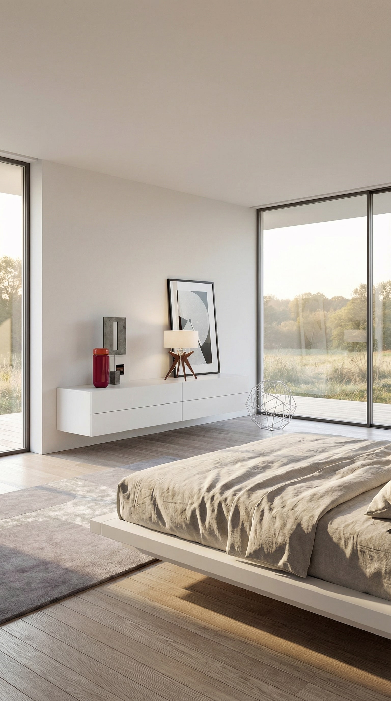 Witte, minimalistische hangladekast met 4 laden, die in een moderne ruimte aan de muur zweeft. Witte, minimalistische hangladekast met 4 laden, die in een moderne ruimte aan de muur zweeft.