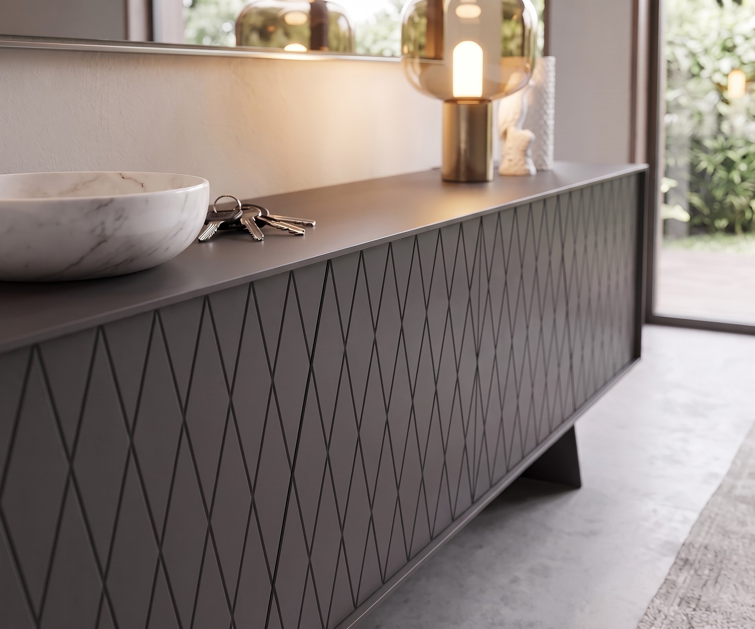 Design dressoir al2 e-klipse 003 met ruitpatroon Design dressoir al2 e-klipse 003 met ruitpatroon in de hal. Donkergrijze houten kast met marmeren schaal en lamp.