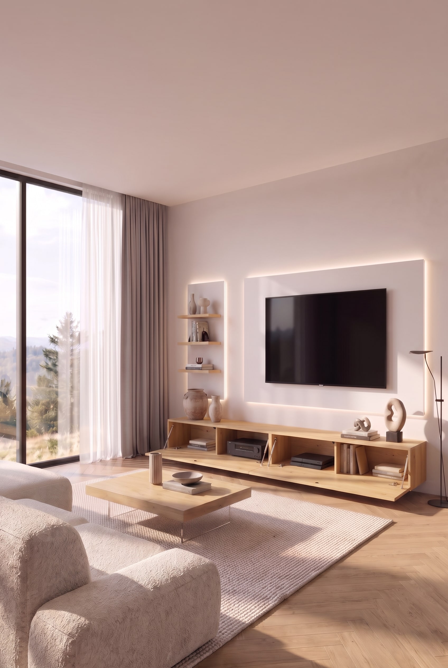 Detailansicht einer modernen Wohnwand mit grifflosen, bündigen Klapptüren aus Holz im Wohnzimmer