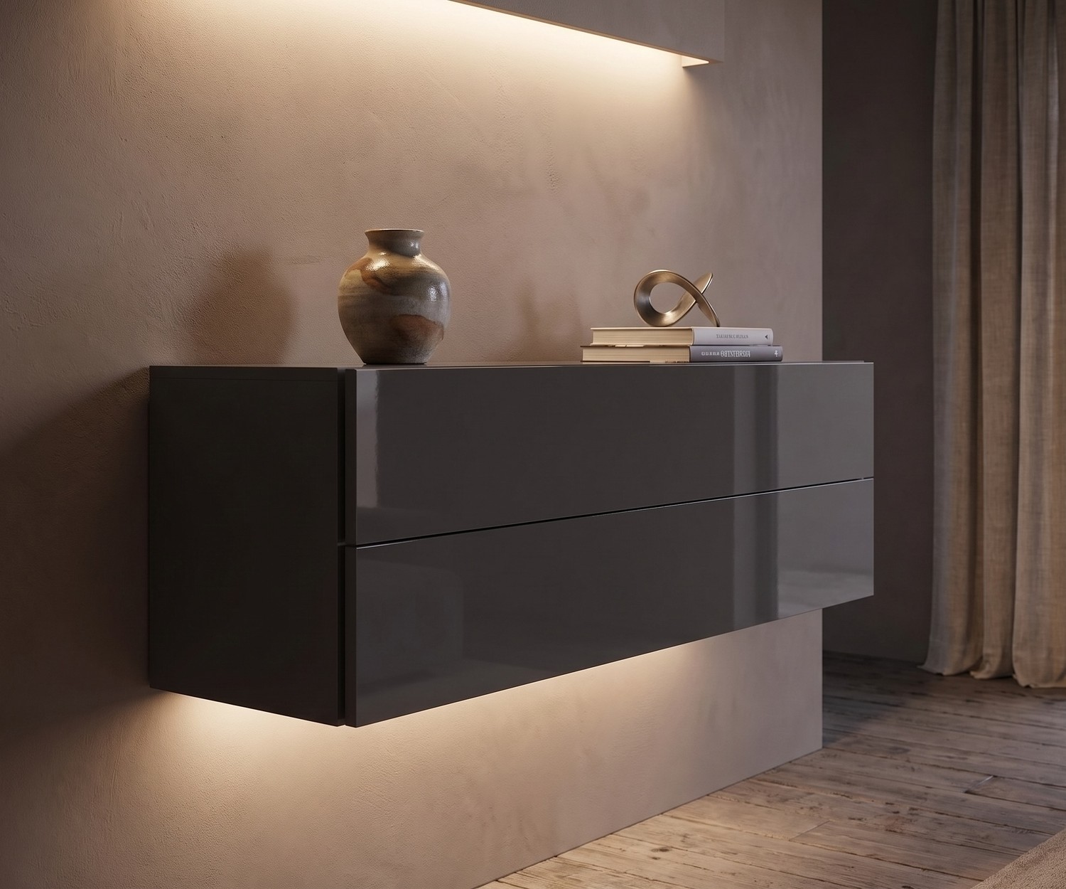 Zwevende commode Easy van Novamobili voor woonkamer in hoogglans kwartsgrijs, modern hangend dressoir met led-licht