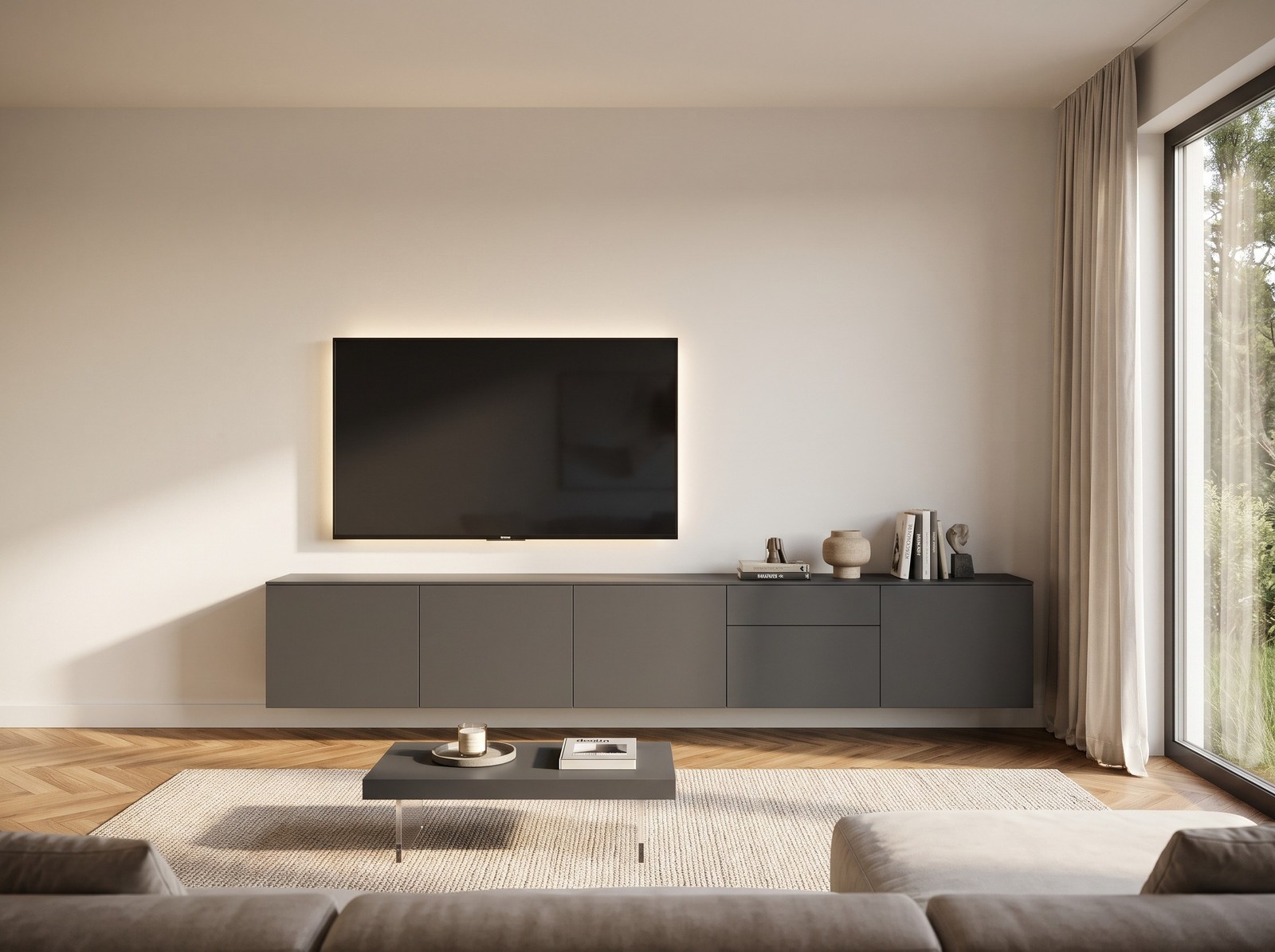 Livitalia TV-Sideboard Spaziora in Dunkelgrau matt, B 300 cm, hängend im Wohnzimmer Livitalia TV-Sideboard Spaziora in Dunkelgrau matt, B 300 cm, hängend im Wohnzimmer