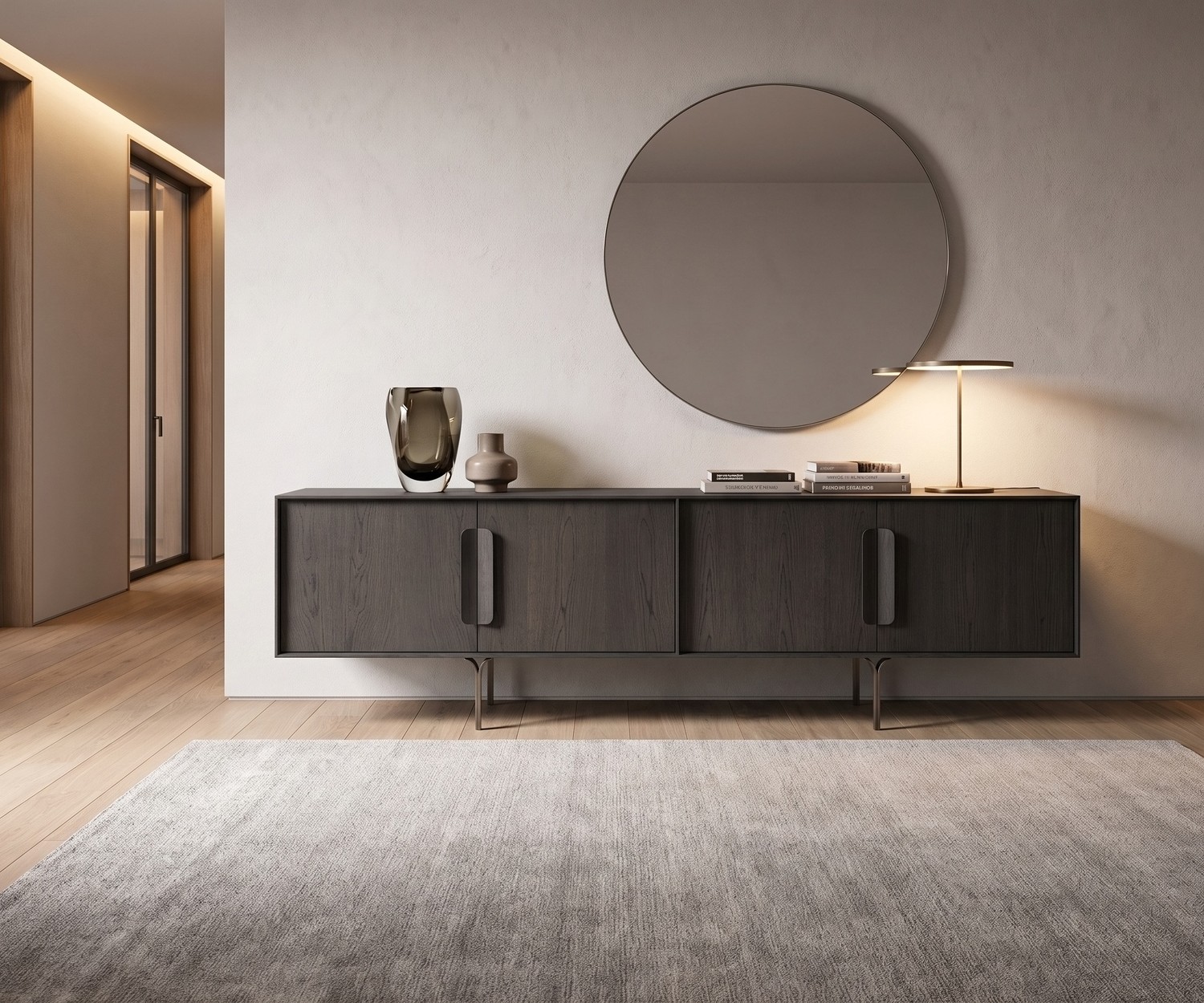 al2 Mobius 003 design dressoir van donker eikenhout in een minimalistische woonkamer onder een grote ronde wandspiegel.