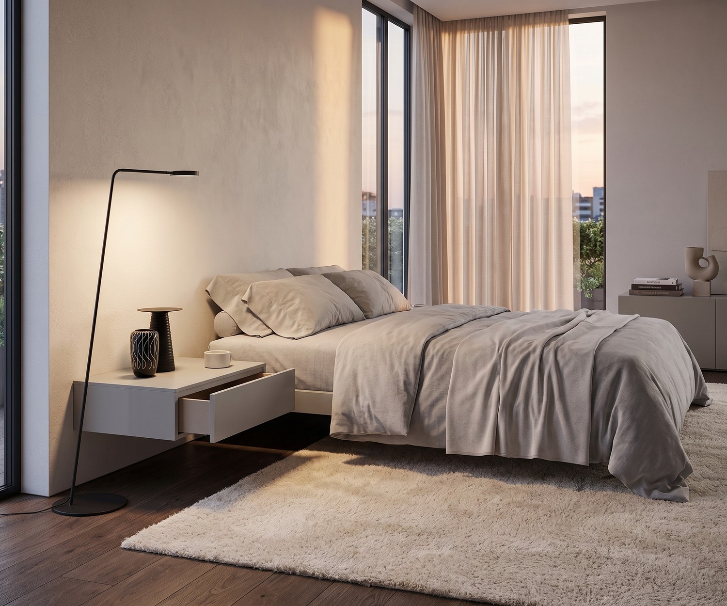 Zwevend nachtkastje Novamobili Easy 1 in moderne slaapkamer, lichtgrijs, greeploos ontwerp met geopende lade.